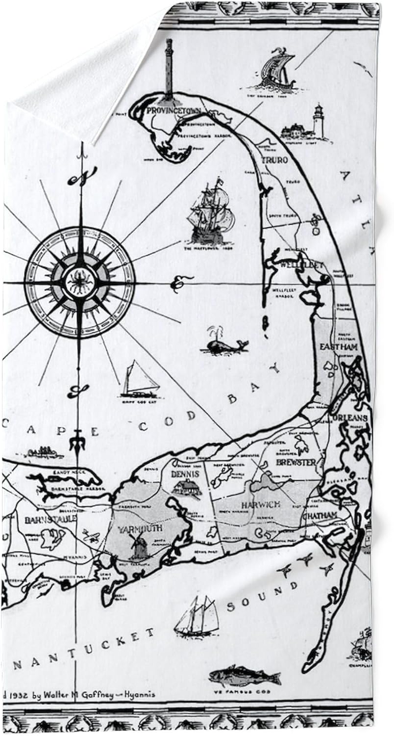 CafePress Vintage Map of Cape Cod BW 30"x60" Absorbent Cotton Back, Soft Beach, Pool Towel