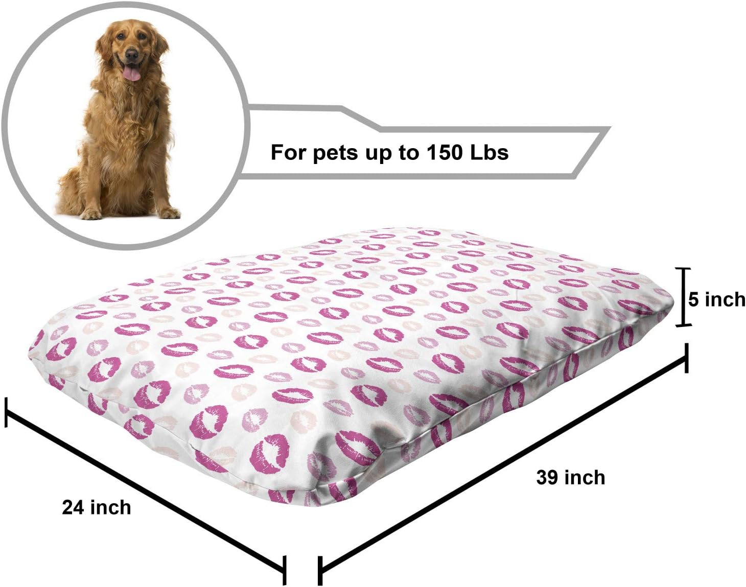 review Kiss Pet Bed, Grunge Looking Lipstick Prints Cosmetics Makeup Romantic Valentines Day, Chew Resistant Pad for Dogs and Cats Cushion with Removable Cover, 24