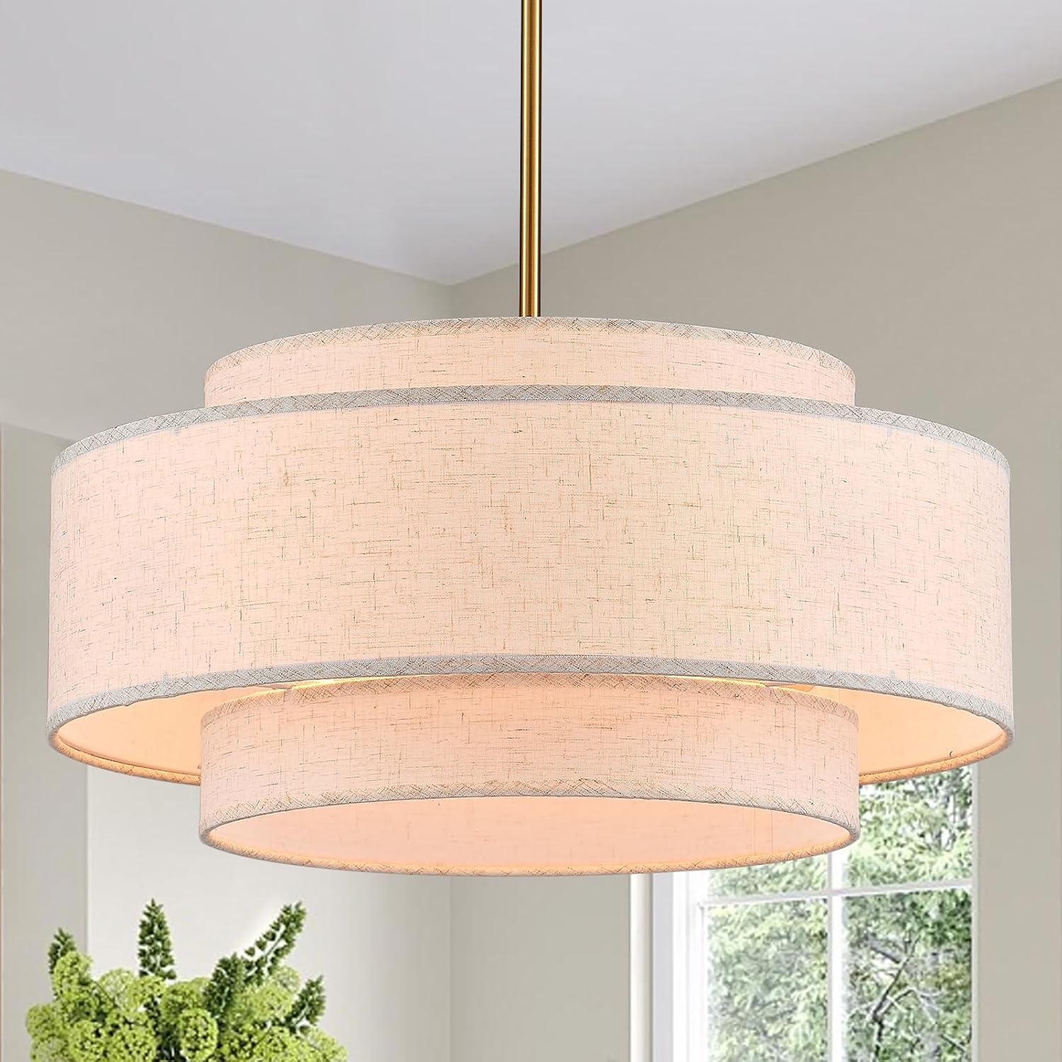 Modern Drum Chandelier Vintage Modern Chandelier Light Fixture with Linen Shade Golden Farmhouse Drum Chandeliers for Dining Room, Kitchen Island, Living Room, Bedroom