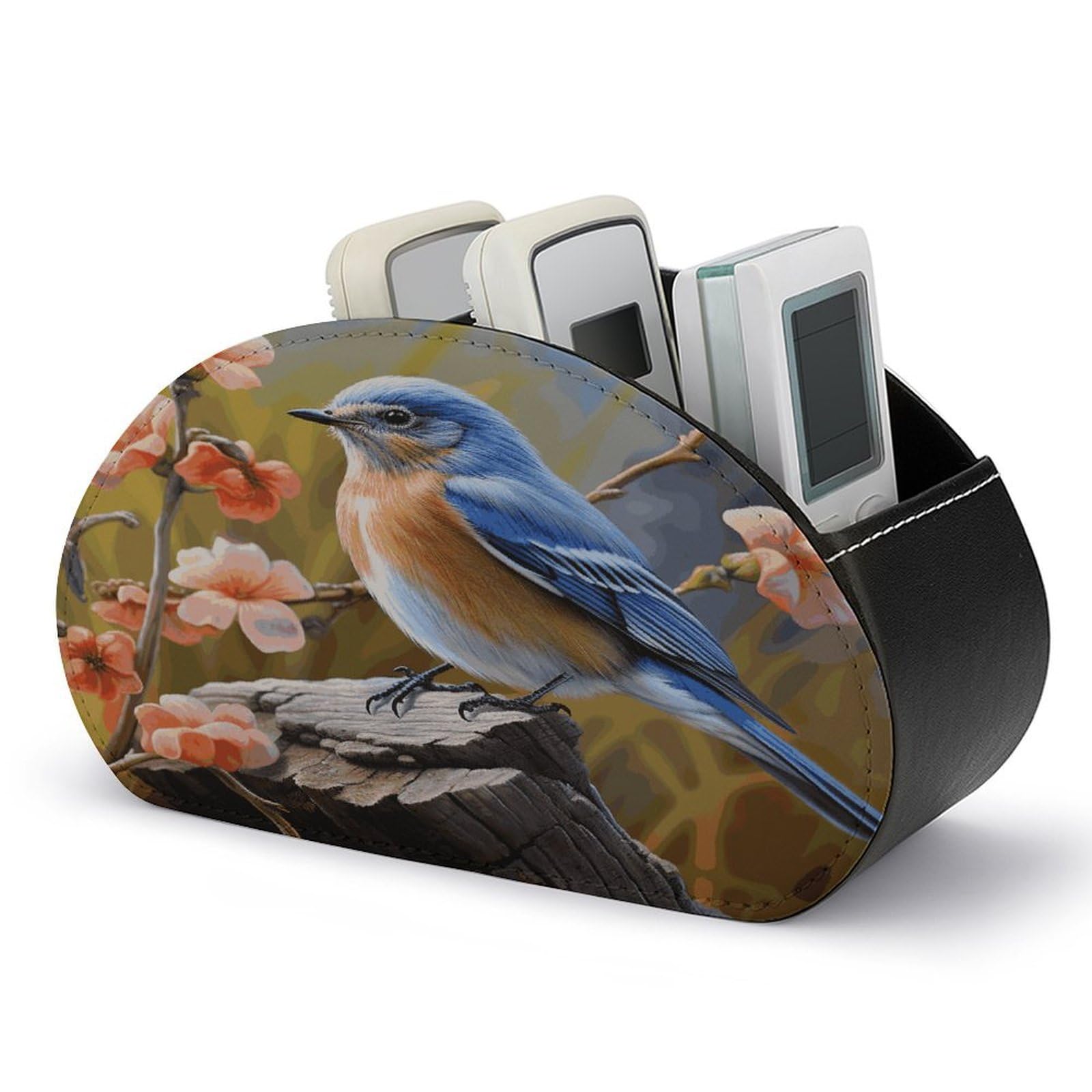 FekiLoot Eastern Bluebird TV Remote Control Holder with 5 Compartments Multi-functional Leather Bedside Table Remote Caddy Desktop Storage Box for Store Pen Controller Media Player Cosmetic