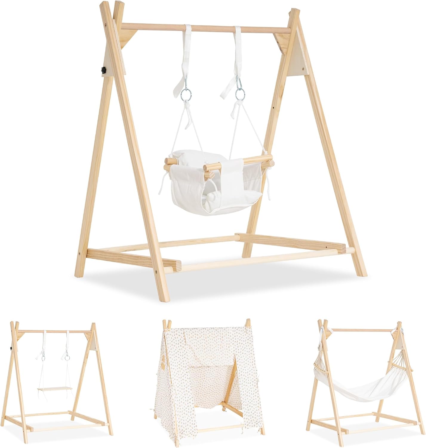 Wooden Baby and Toddler Swing with Stand, Seat Belt & Padded Pillow, Hammock and Tent,Foldable Baby Swing for Toddlers & Kids