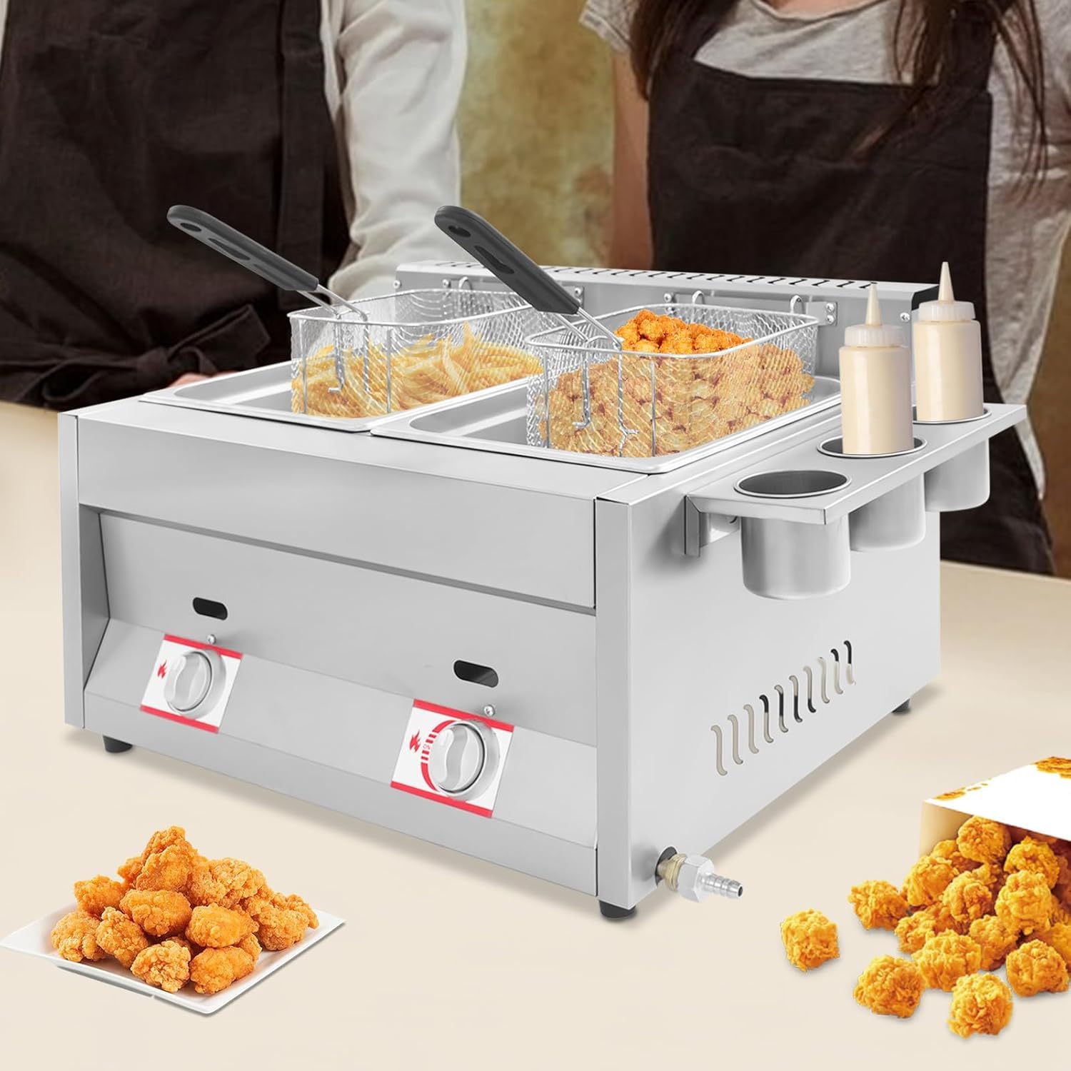 Freidora de Gas Profesional 12L, Doble Tanque de Acero Inoxidable, Control de Temperatura Independiente para Restaurante, Food Truck y Catering | Cocina Comercial de Gran Capacidad