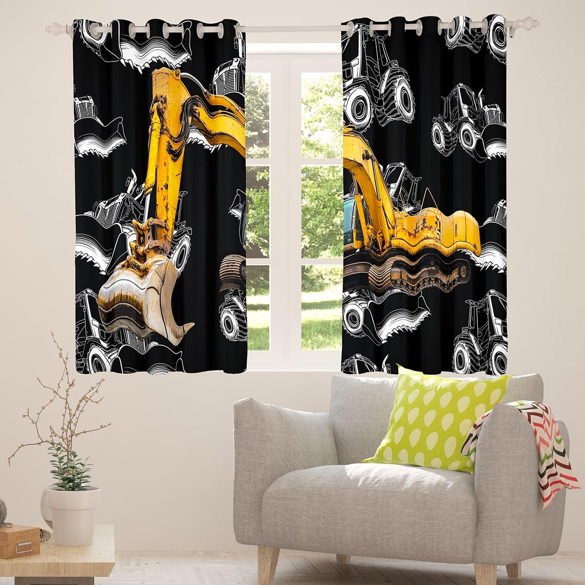Boys Excavator Curtains Construction Truck Window Treatments For Kids Girls Children Bedroom Decor Cartoon Car Window Curtains Yellow Digger Thermal Insulated Window Drapes 2 Panels, Black 42