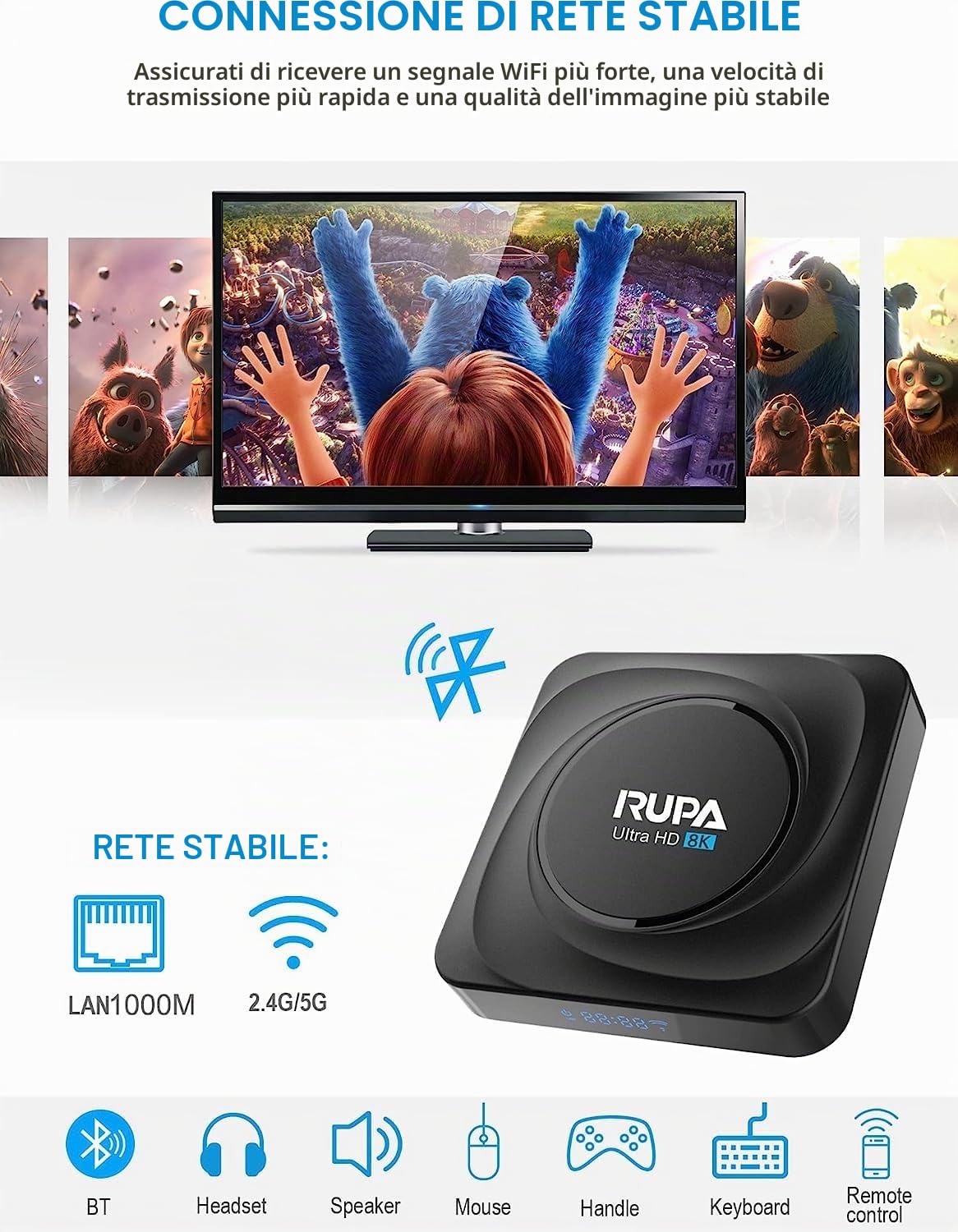 RUPA Android TV Box 11.0, Smart TV Box 4GB RAM 32GB ROM RK3566 Sostegno 2.4G/5.8G WiFi BT5.0 HDMI 3.0 1000M 3D 8K HD TV Box con Telecomando