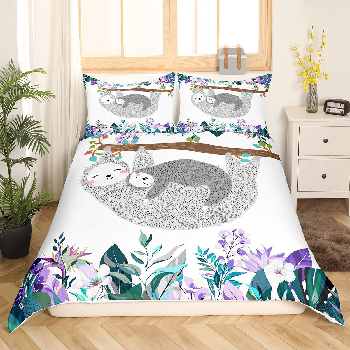 Sloth Comforter Cover For Kids, Flower Palm Leaf Duvet Cover Full, Cute Animal Lying On The Branch Bedding Set For Boys Girls Children, Cartoon Sloth Bedspread Cover Bedroom Decor, 2 Pillowcases