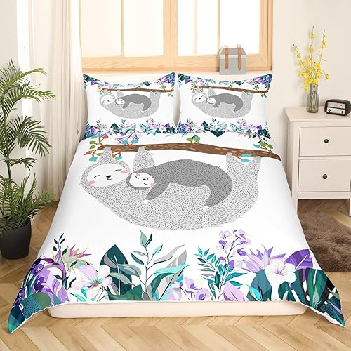 Erosebridal Juego de ropa de cama de perezoso tamaño Queen, adorable funda de edredón de perezoso en el árbol para niños y niñas, funda de edredón