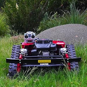 Lawn Mower, Remote Control Lawn Mower, Small Crawler Oil-Electric Hybrid Four-Wheel Drive Lawn Mowing and Weed Whacker, All Terrain Grass Cutter Yard Mower