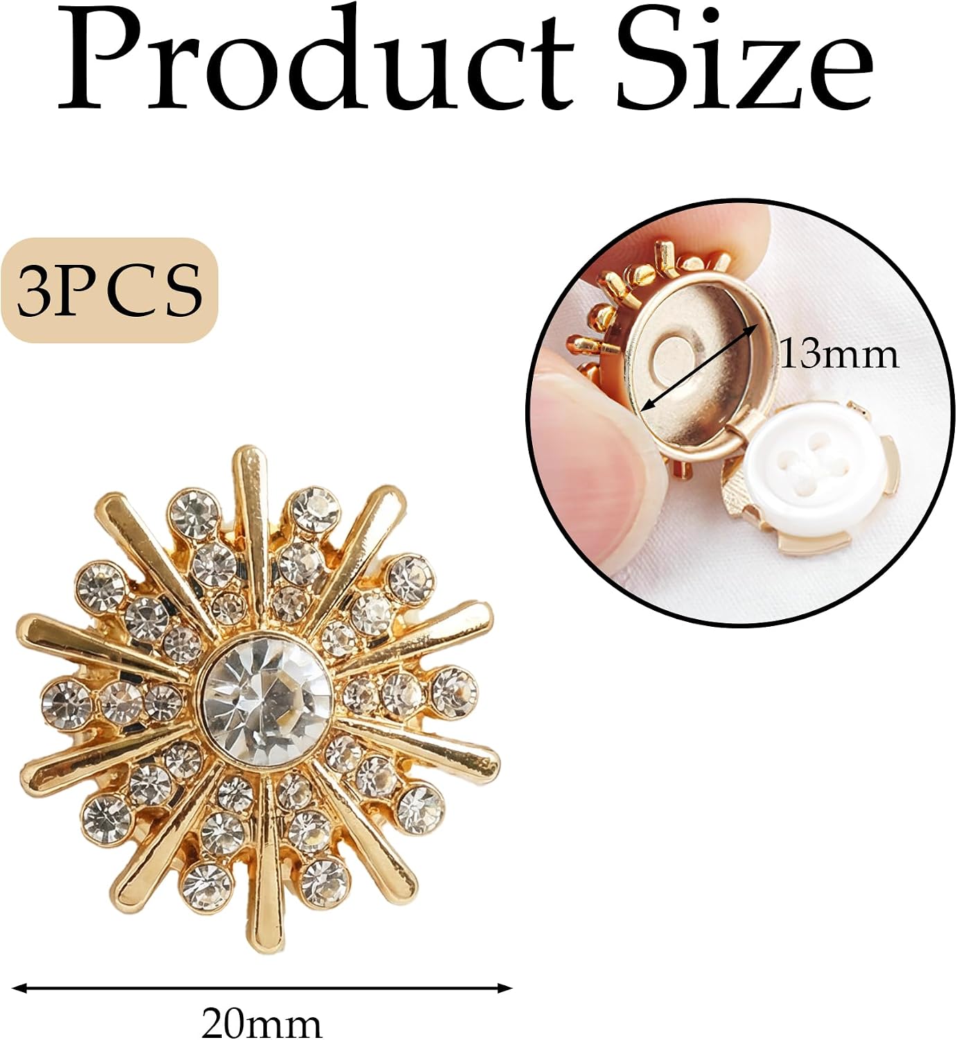 3 Pcs Button Covers for Women Blouses,Button Covers for Women with Crystal Decorative,Black Detachable Buttons Cover with Rainstone,Use to Womens Jeans and Blouses Sewing Decorative(White) image 5