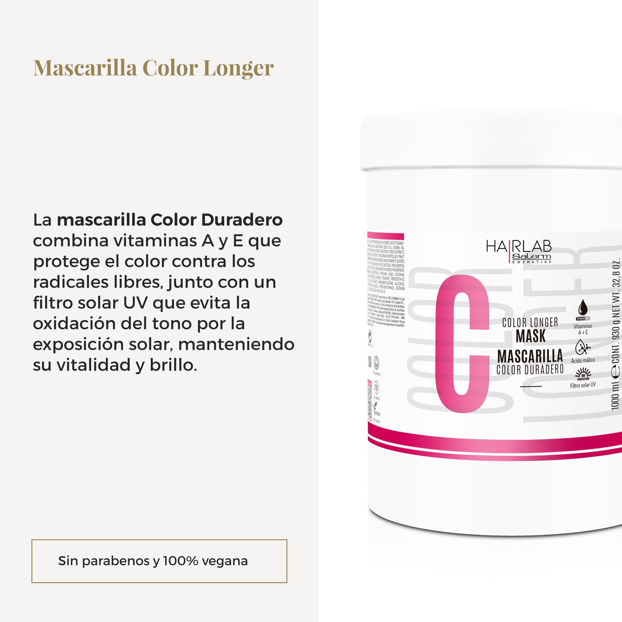 SALERM - Mascarilla Pelo Teñido, Decolorado o con Canas - Color Longer Hair Lab - 1000 ml - con Vitaminas A y E - Sella y Mantiene el Color - Melena más Brillante - Sin Sulfatos ni Parabenos