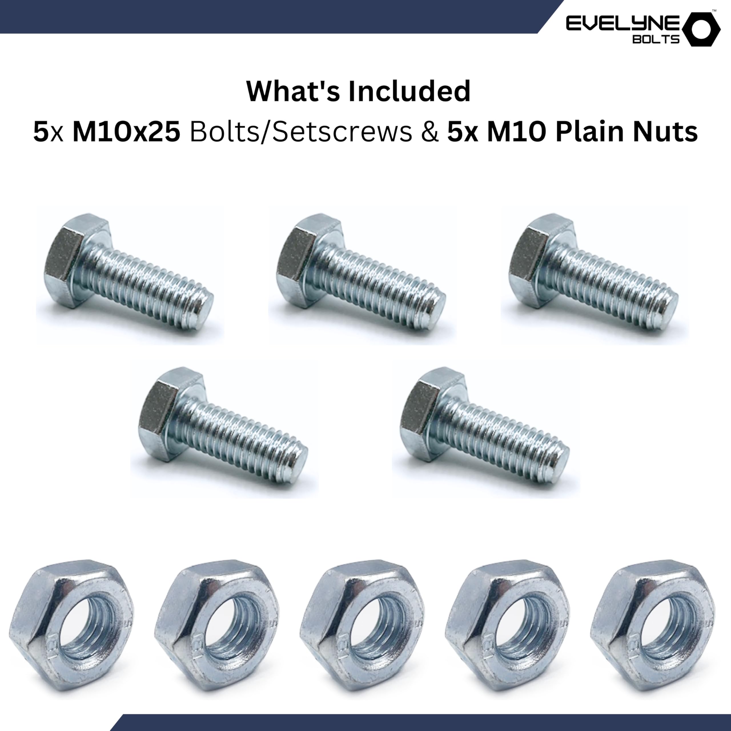 M10 Nuts & Bolt Set - 5 Pack (M10 x 25mm Bolts & M10 Nuts) Hex Bolt/Setscrew Fully Threaded, Silver, M10 x 25mm Bolts + Nuts - Image 2