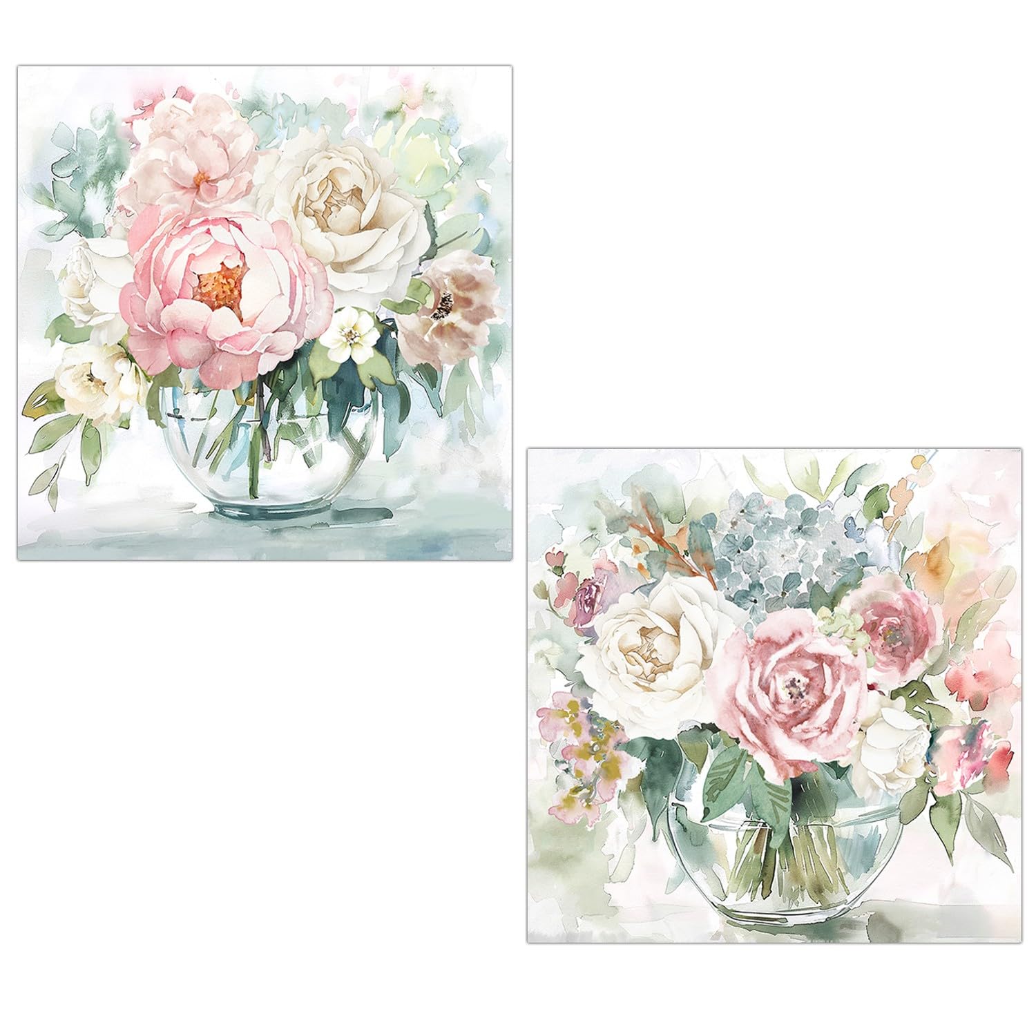 Tableau sur toile fleurs rose blanc bleu cadre bois DRW deco murale