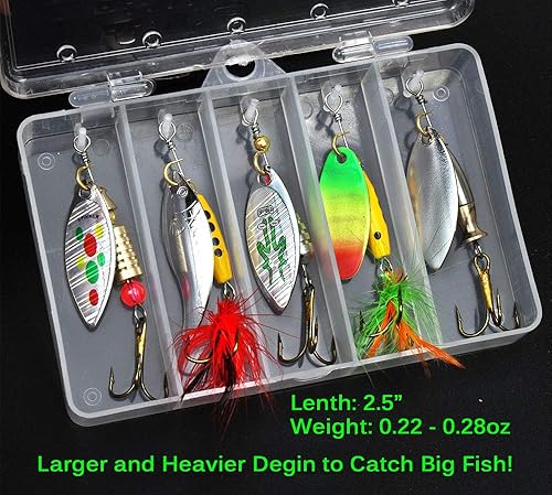 Miniatura 5 de Señuelo de pesca Spinnerbait, róbalo, trucha, salmón, cebo de metal duro giratorio, set con 2 cajas de anzuelos por Tbuymax, 10 unidades