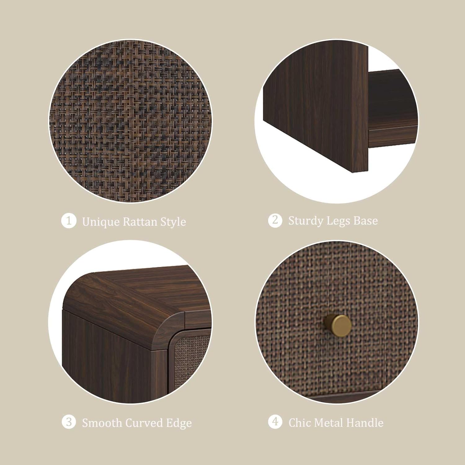 Oak&Sparrow 48'' Boho Coffee Table, Thickened Arc-Shaped Design with Rattan Drawer, Oak Table for Living Room