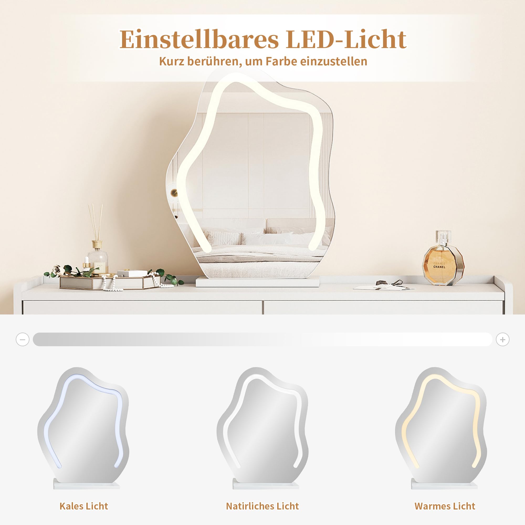 Tavolo Da Toeletta Con Specchio LED A 3 Luci, 1 Cassetto E 1 Anta, Dimensioni 100x116x40 Cm, Piano Bianco, Struttura In Truciolato E1 E Metallo Nero, Montaggio Semplice