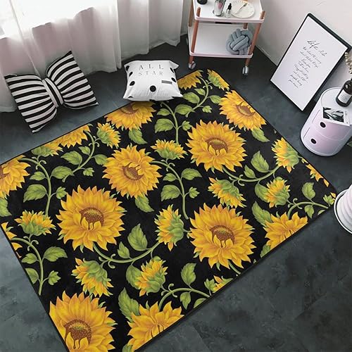 Miniatura 3 de Alfombra de girasol de 60 x 39 pulgadas, alfombra de área floral moderna para sala de estar y dormitorio, decoración de girasol amarillo floral negro