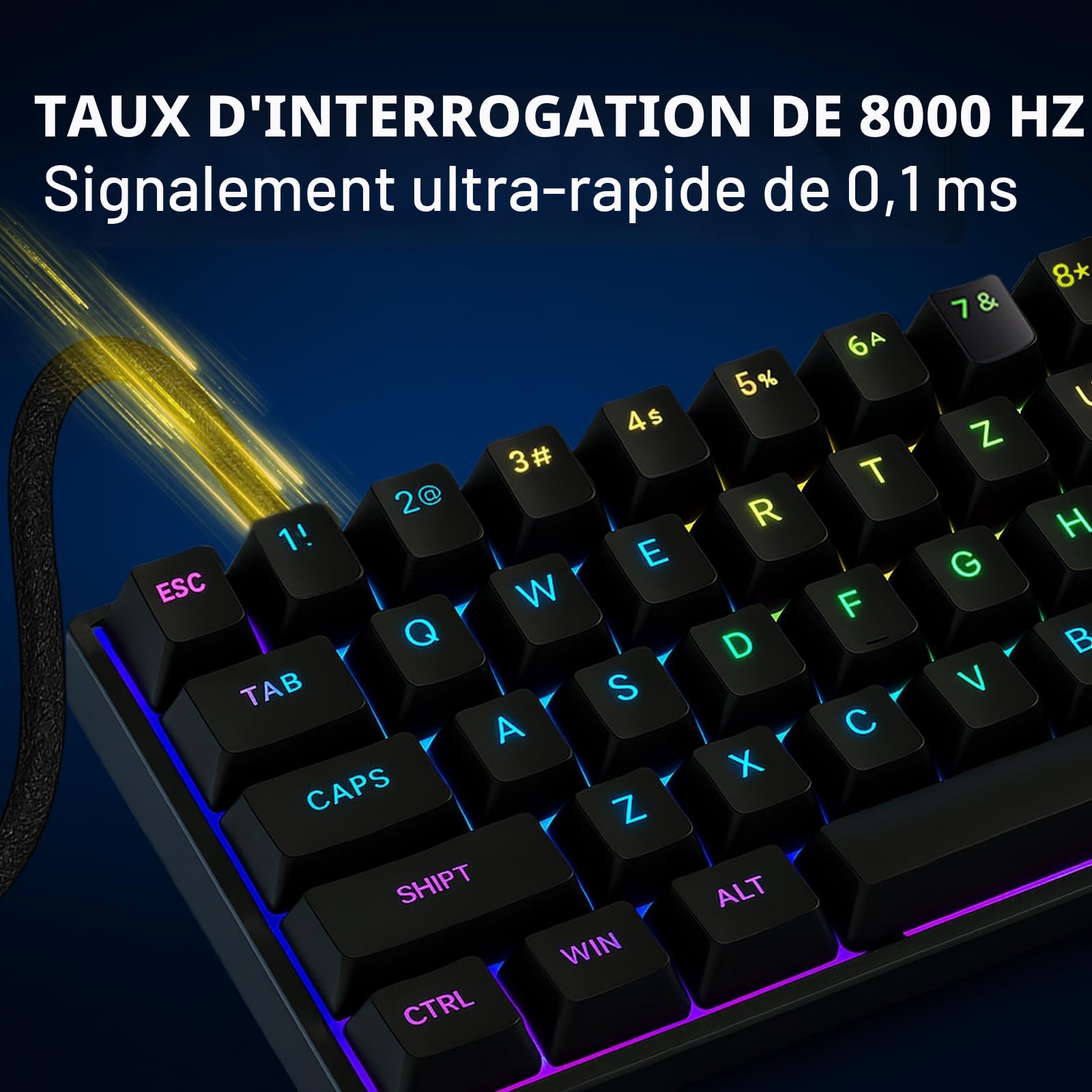 FOXMM MAD 60 Pro HE Clavier Gamer 60% RVB Filaire, Rapid Trigger 8000 Hz, Switchs Magnétiques Effet Hall, Ultra Précision RT 0,01 mm, Actionnement Réglable, pour Jeux FPS, Noir