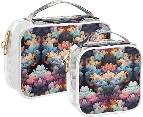 Neceser transparente con nubes coloridas onduladas para viajar, paquete de 2 bolsas de cosméticos de maquillaje con cremallera, bolsa de viaje para