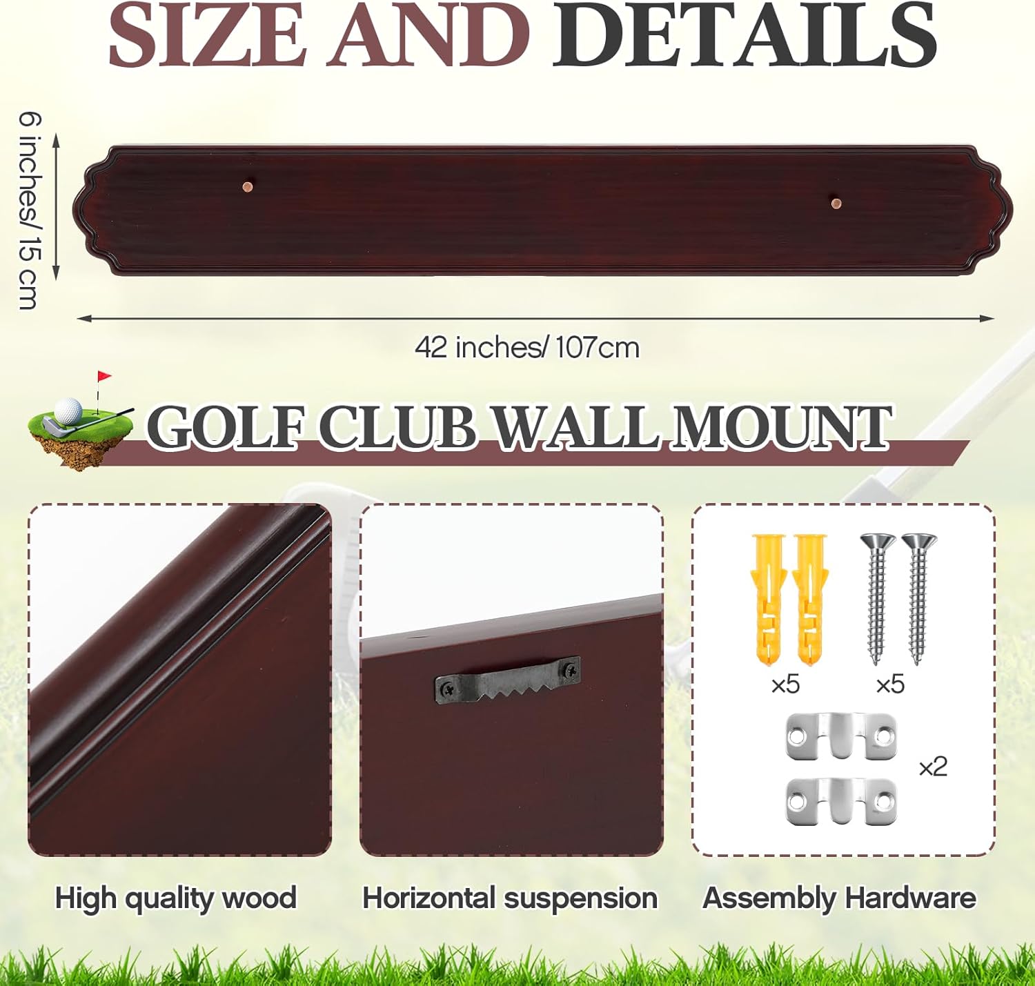 Silipull Golf Club Display Case Wall Mount Wooden 42.13 x 5.9 x 0.47 Inch Wall Mount Wooden Storage Display Rack for Antique or Vintage Golf Clubs