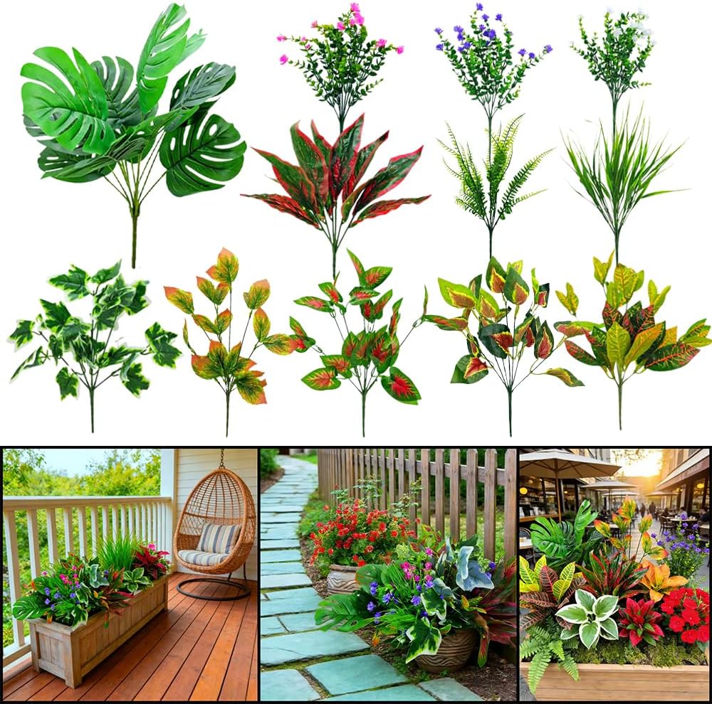 Artificial Flowersfor Outdoors,20 Bundles Artificial Flowers for Outdoors Set.UV Resistant Artificial Plants Outdoor Plastic Greenery Stems for Garden Porch, Window Box Planter, Home Decor.
