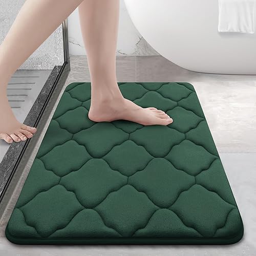OLANLY Memory Foam Bath Mat Rug 24x16, Ultra Soft and Absorbent Bathroom Rugs, Non-Slip, Comfortable, Machine Washable Bath Carpet for Bathroom Floor, Tub Shower and Home Decor Accessories, Dark Green