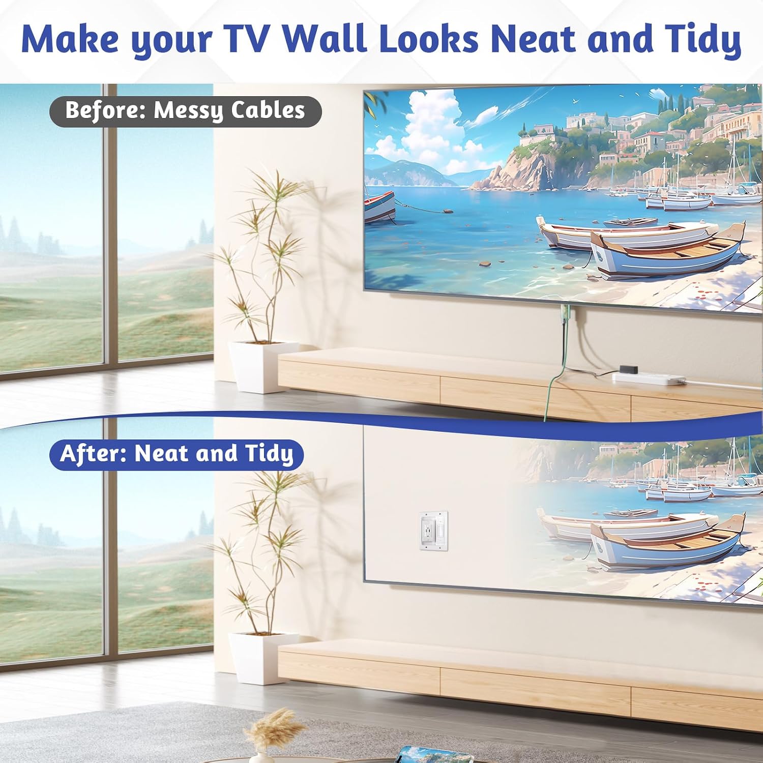 in Wall Cable Management Kit with Brush Wall Plate, AC Outlets & USB Ports | 9.8ft Cord, Recessed Outlet Box, for Walls Mount TV with Cable Management Box, in Walls TV Connection Kit, White