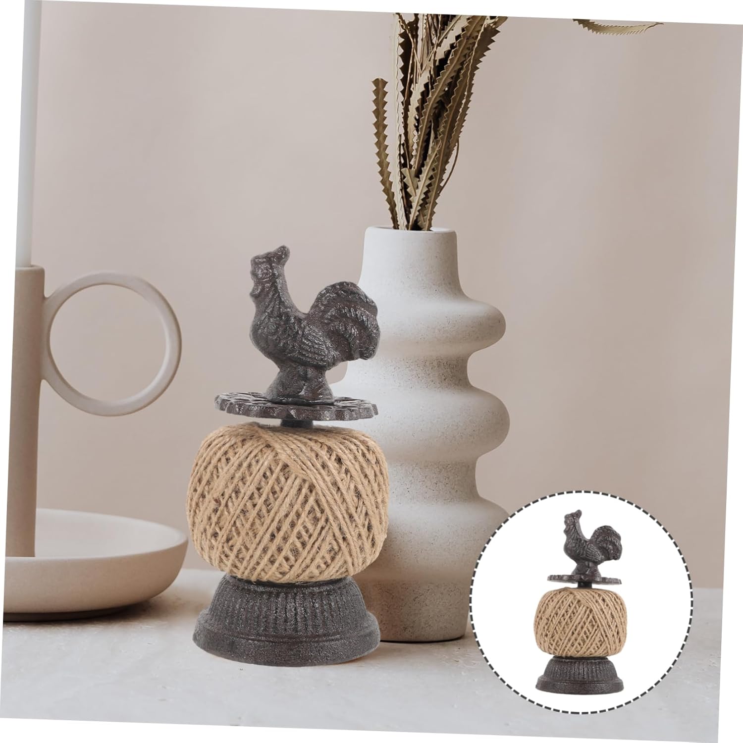 ERINGOGO Tabletop Rooster Decor Iron Rope Spool with Durable Rope Whimsical Home Accessory for Crafting and Decoration for Farmhouse Modern Spaces