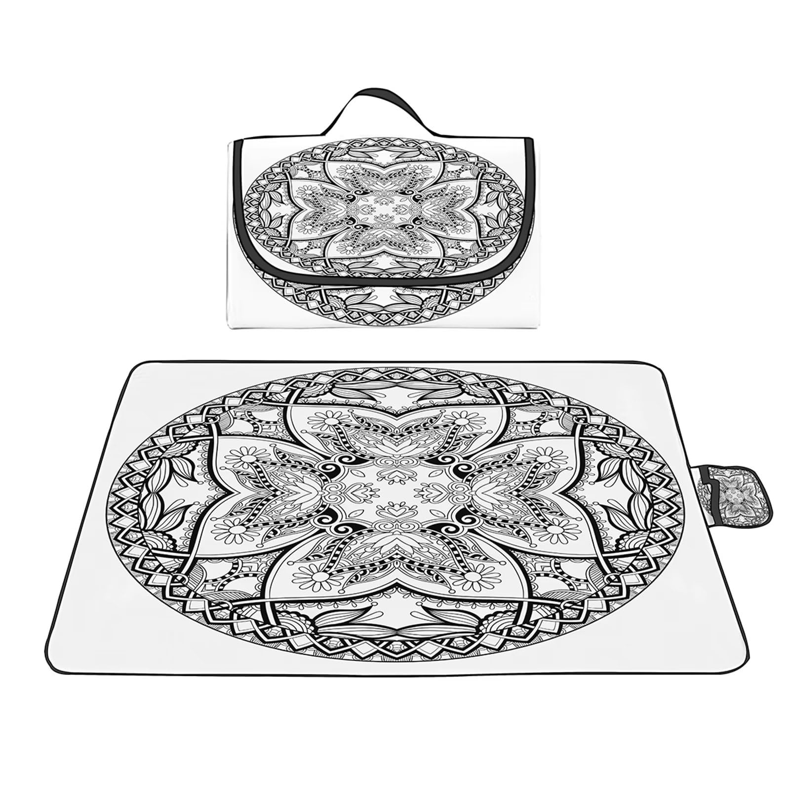 Mandala czarno-biały koc piknikowy, 200 x 300 cm, duży koc piknikowy z uchwytem do przenoszenia, dywany piknikowe na zewnątrz z wodoodpornym spodem, można prać w pralce, na kemping, plażę, trawę, do