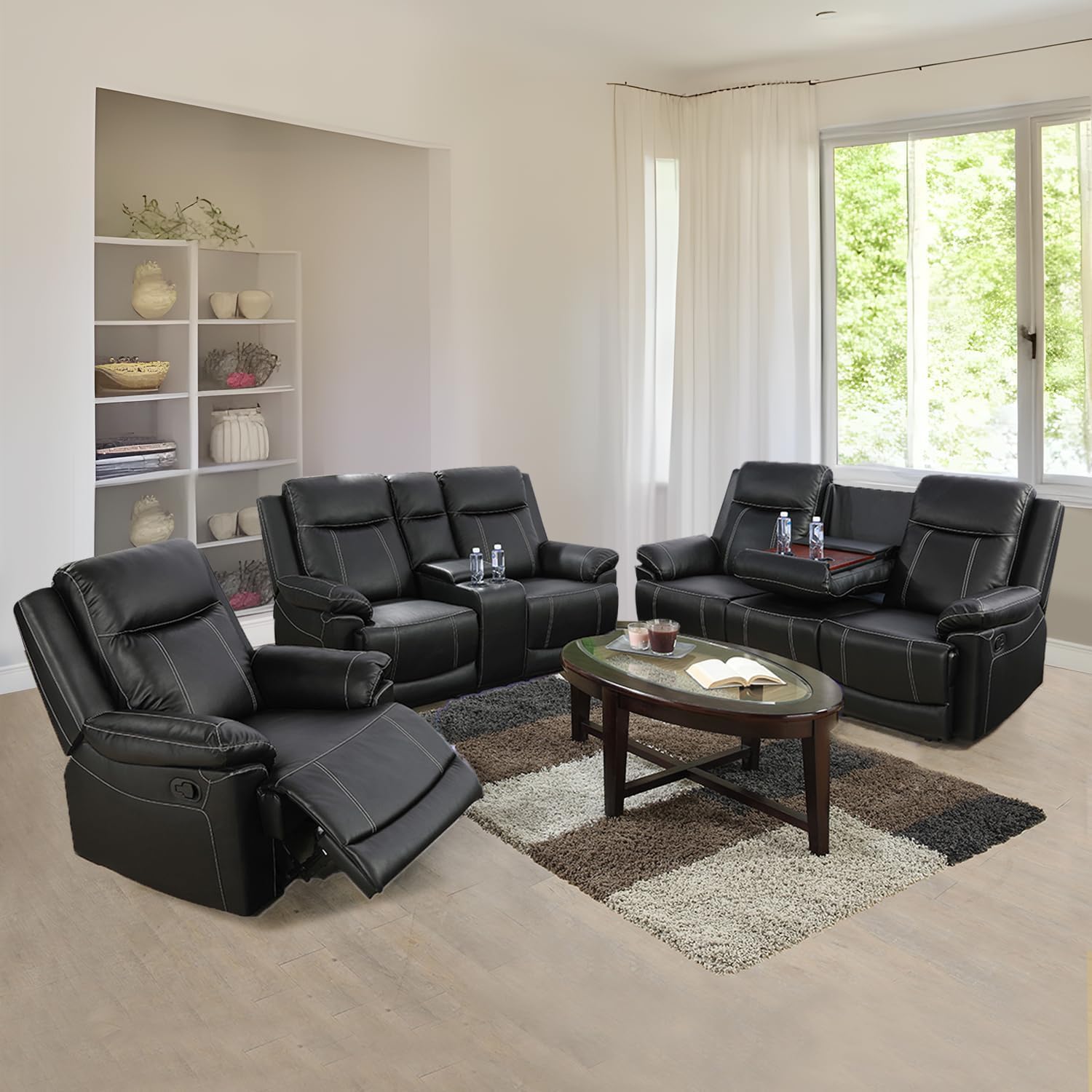 Manual Leather Recliner Sofa, Leather Living Room Furniture Set with Storage Console & Cup Holder for Living Room/Office (Leather Couch Chair) Black, GS4789-C