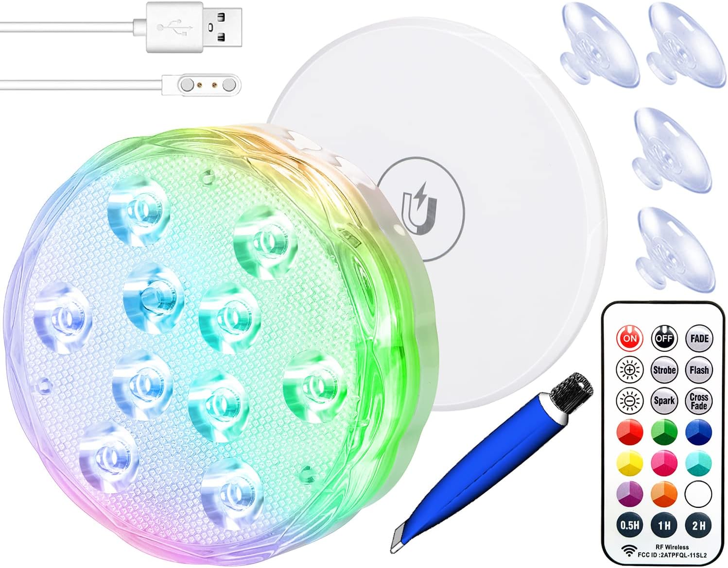 Rechargeable Underwater Led Lights- 3.3" USB Magnetic Waterproof Light Pad Night Lights Remote Controlled RGBW Changing Submersible led Lights for Party Christmas Hot Tub Pond