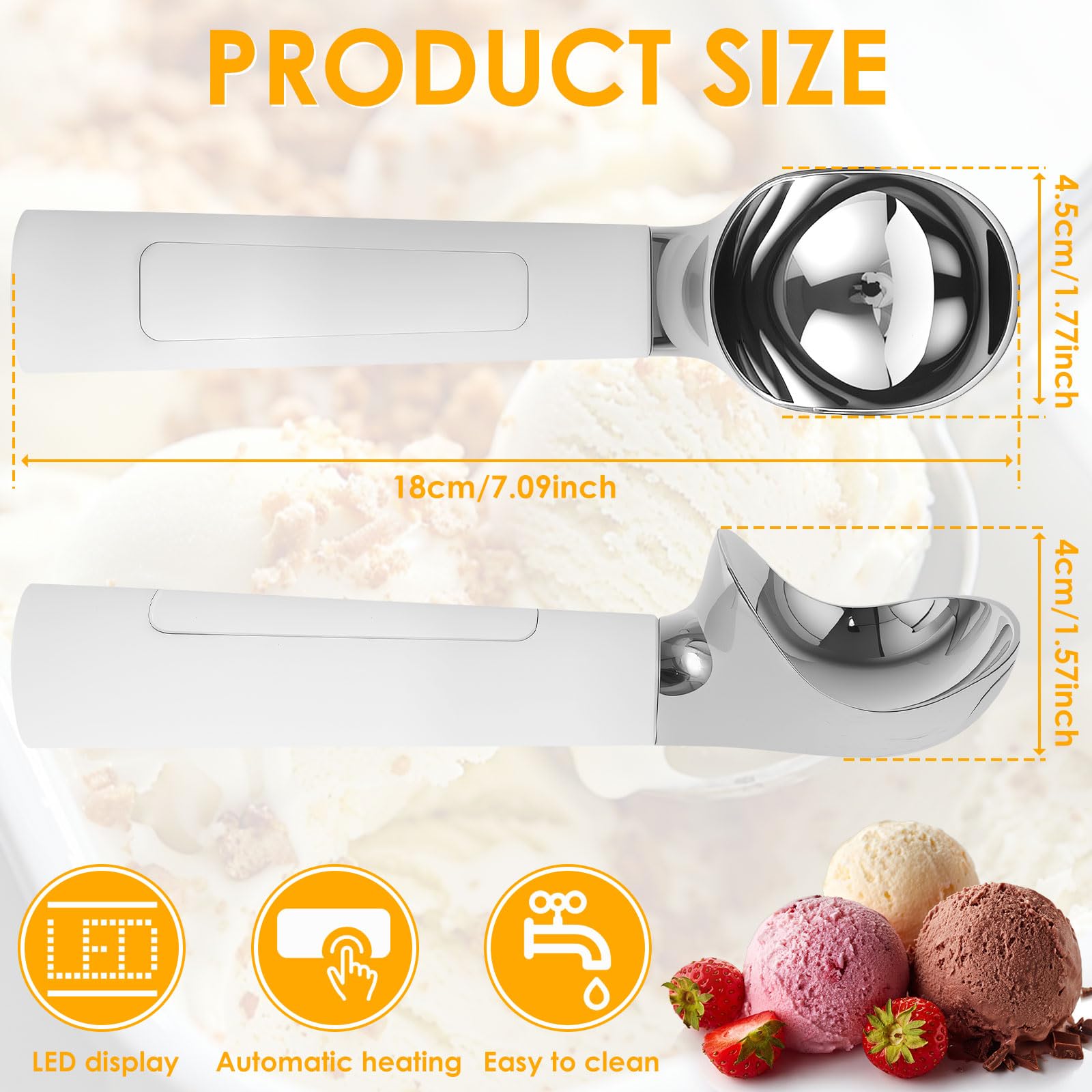 ZJRDYYK Ice Cream Scoop with Heated Handle, Rechargeable Electric Heated Ice Cream Scoop Warmer with LED Display, Self Warming Spoon Max to 70?, IP67 Waterproof, Rechargeable Battery