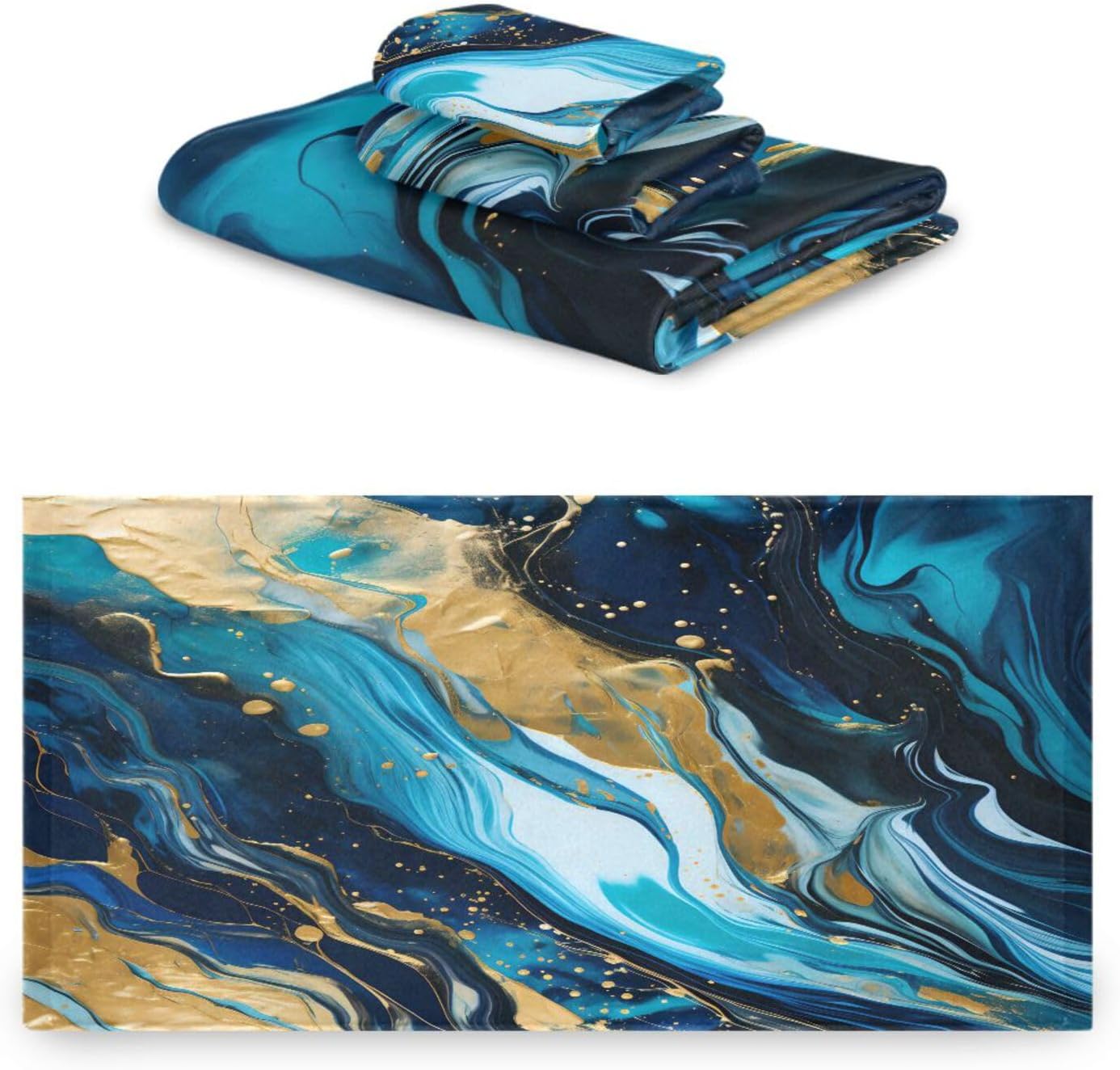 ALAZA Blue Gold Marble Bath Towel Set Luxury Decorative Set of 3, 1 Bath Towel 1 Hand Towel 1 Washcloth Soft Multipurpose for for Bathroom Hotel Gym Yoga Spa