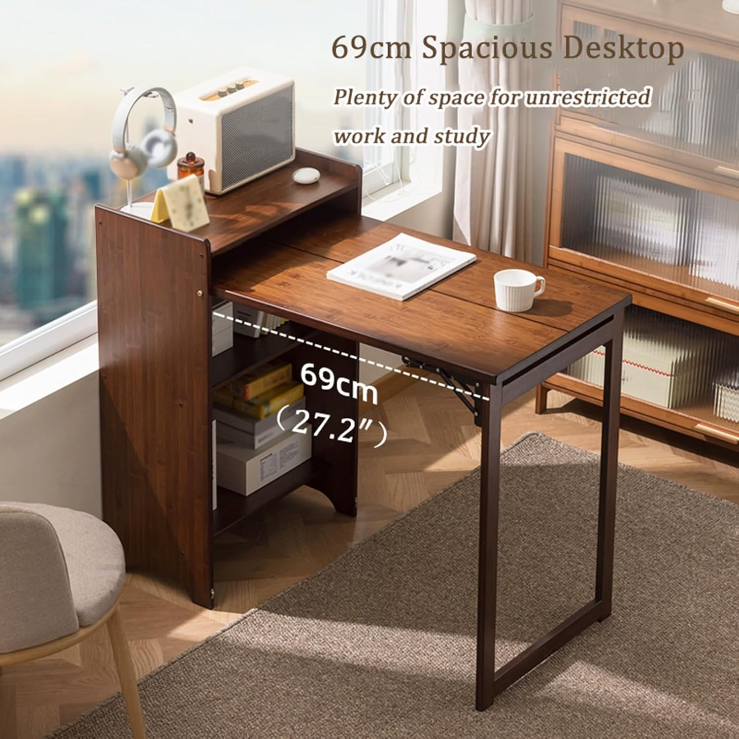 Bamboo Folding Desk with Bookshelf, Fold-Out Convertible Writing Table, Home Office Desk Storage Cabinet, Vanity Table Compact Computer Workstation for Bedroom Living Room Kitchen Office