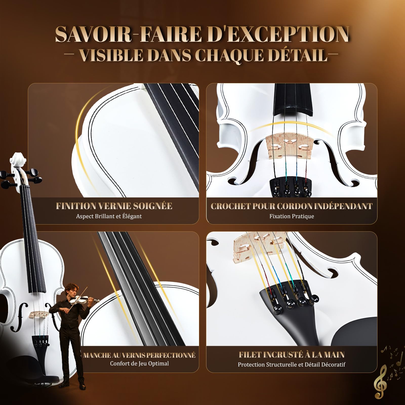 Bonnlo Violino per Bambini e Principianti, Misure 1/4, 1/2, 3/4 e 4/4, Violino in Legno Compensato di Tiglio con Acro in Legno Rosso, Astuccio, Colofonia e Mentoniera, 4/4, Bianco