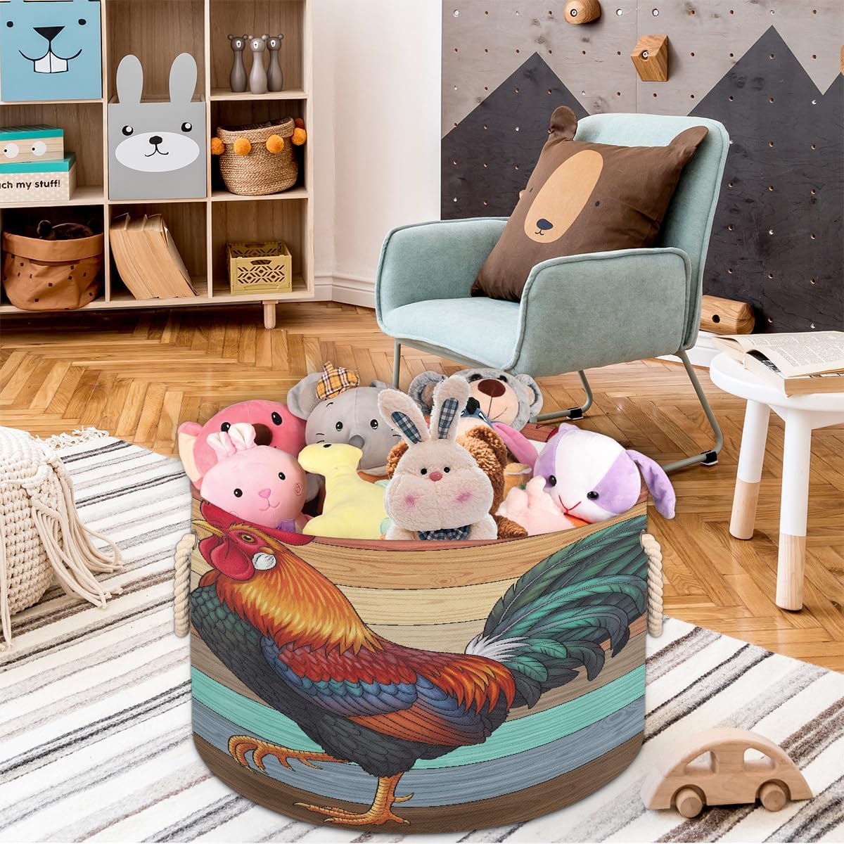 Large Storage Baskets - Rustic Wood Rooster Nursery Round Collapsible Organizer Bin Box, Laundry Hamper for Kids Toys, Blanket, Bedroom Living Room Home Decor, Gift Basket, 19.4"x13.3"