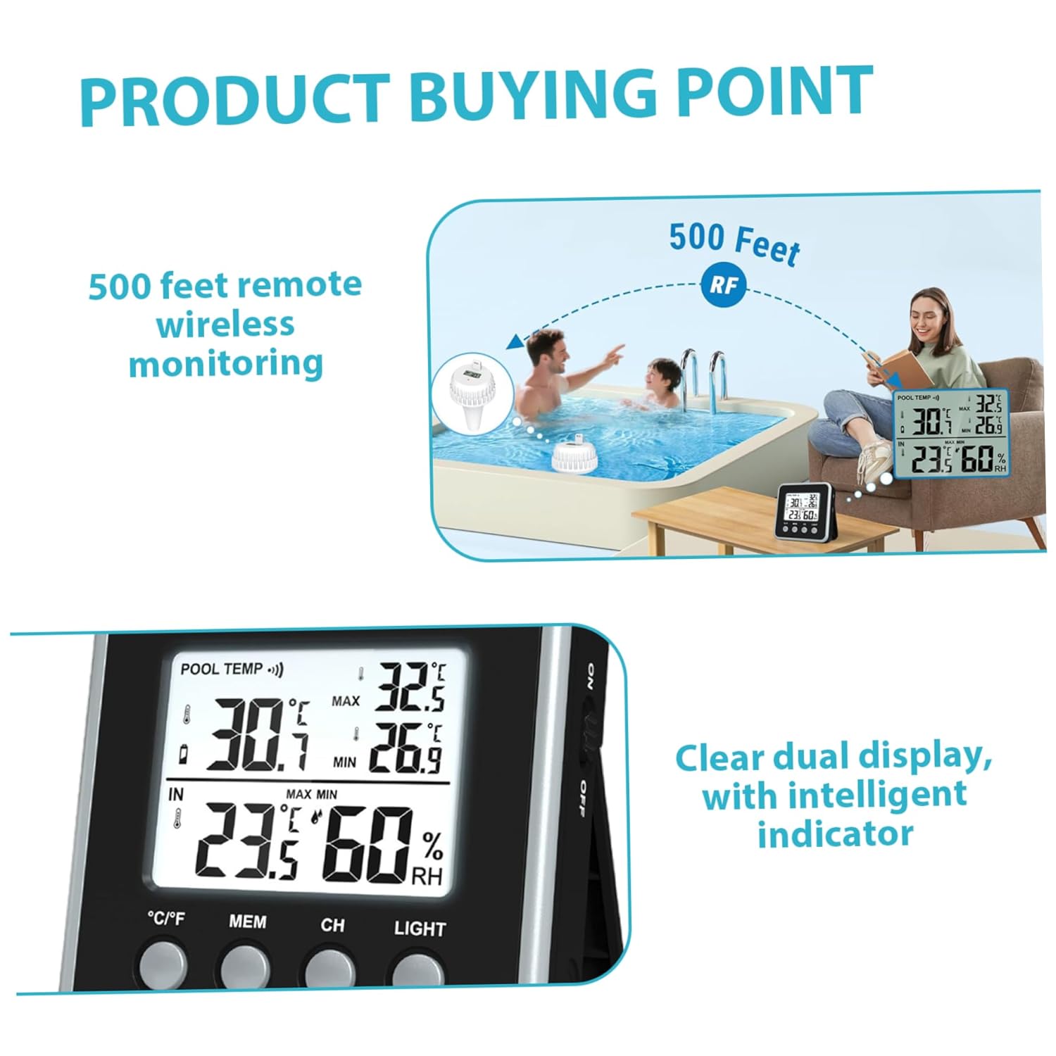 Wireless Pool Thermometer Floating with Indoor Display, Pool Thermometer Floating Easy Read with 500 ft Remote Monitor for Hot Tub, Spa, Aquarium and Pond