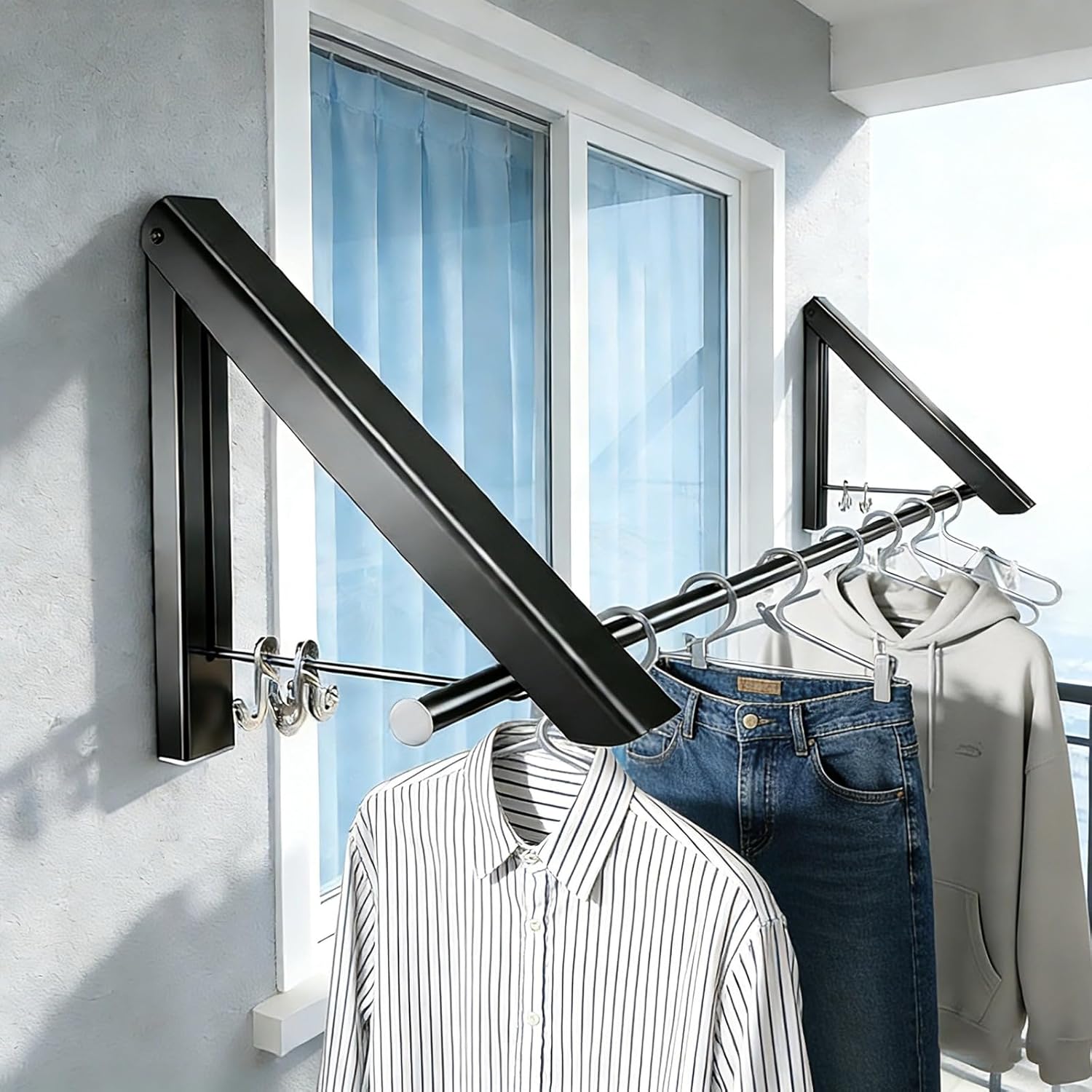 Wall Mounted Clothes Drying Racks, 2 Pcs Retractable Laundry Rack With Rod, Drill-Free Space Aluminum Clothes Hanger, Black, For Indoor Outdoor