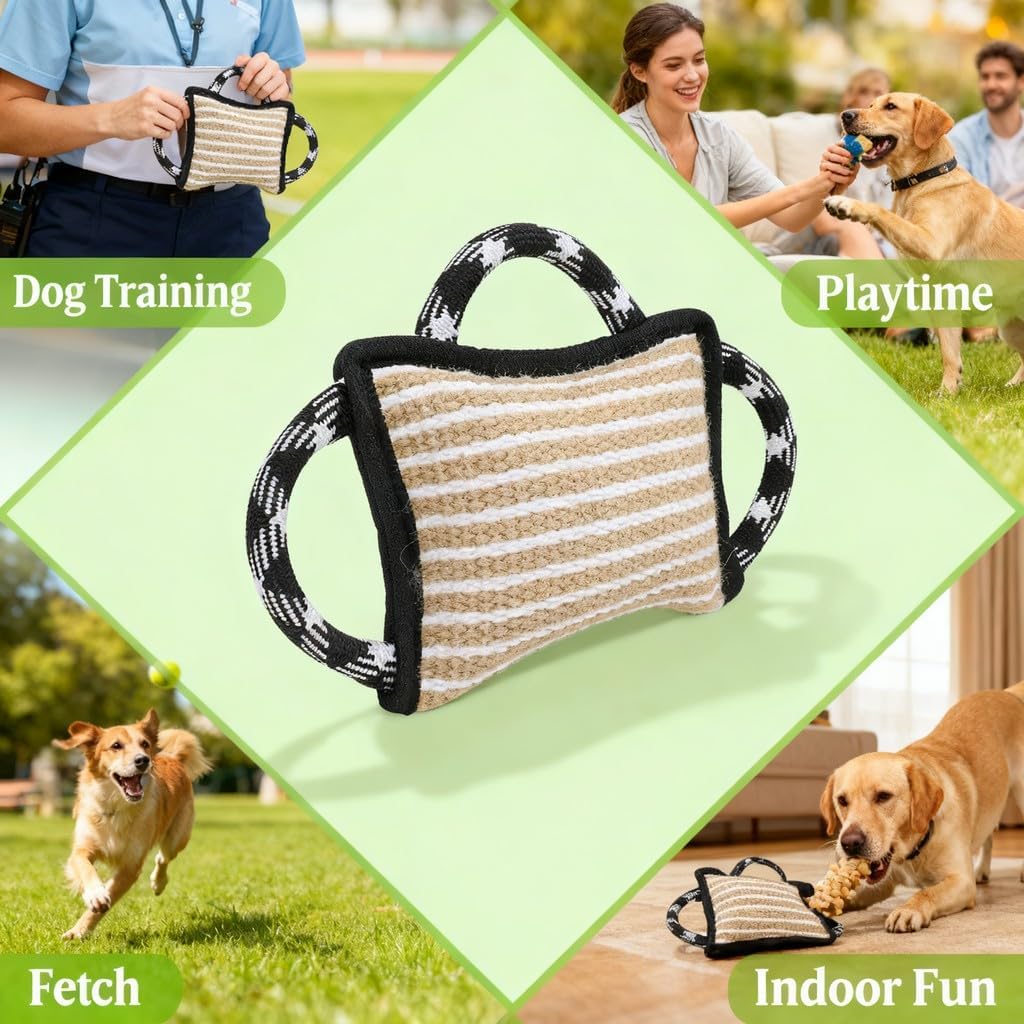 Dog Biting Pad Pillow with 3 Strong Handles, Jute Training Tear Dog Bite Tug Toy Black, Durable Interactive Chew Toy for Large Dogs - Tough Tug - of - War Play, Canine Exercise