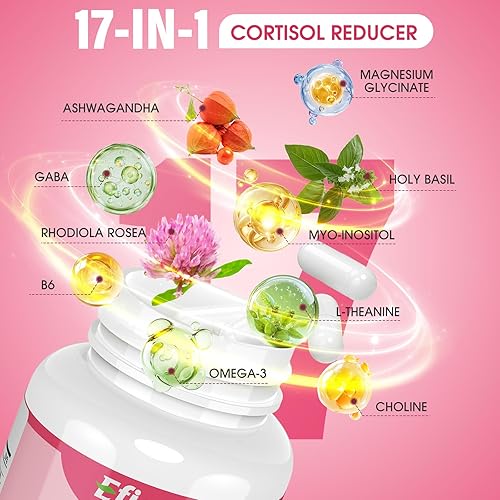 Miniatura 4 de Reductor de cortisol, suplemento de cortisol 17 en 1 para mujeres, armonía hormonal para mujeres con Ashwagandha, Rhodiola Rosea, glicinato de
