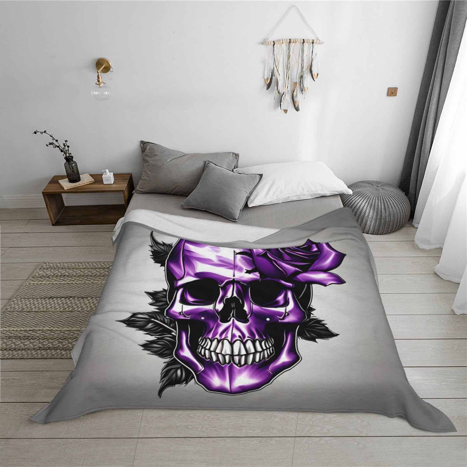 Gewichtete Decke mit lila Rosen und Totenkopf, 76,2 x 101,6 cm, weiches Flanell, wendbar, gemütlich, extra warm, Decke für Bett, Couch