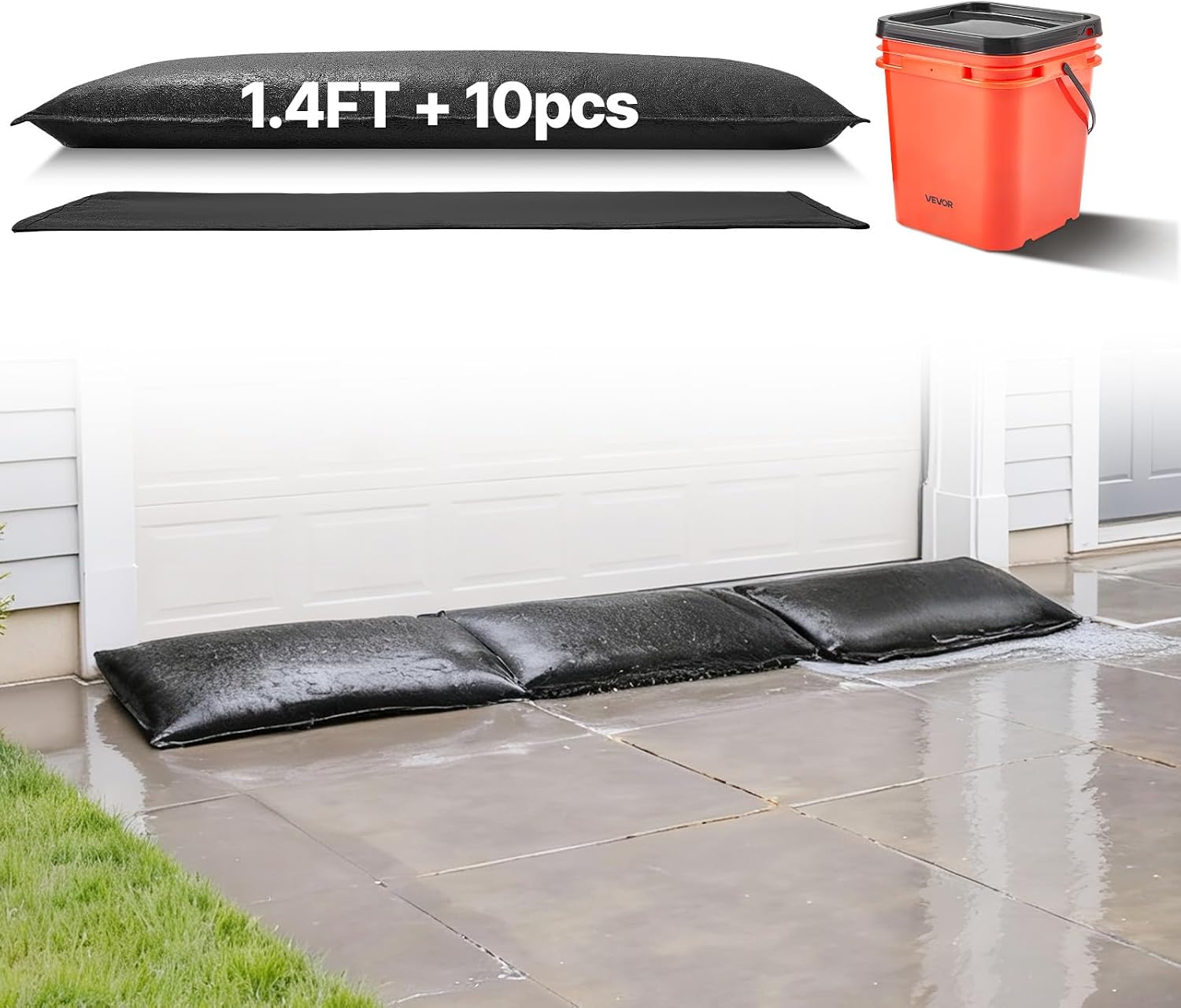 VEVOR Flood Barrier, 10 Pack, 1.4 x 2.7 ft Flood Bags with Bucket, Water Absorbent Barrier Activated by Water, Sandless Sandbags Blockage, Flooding Prevention Bags for Door, Basement, Garage