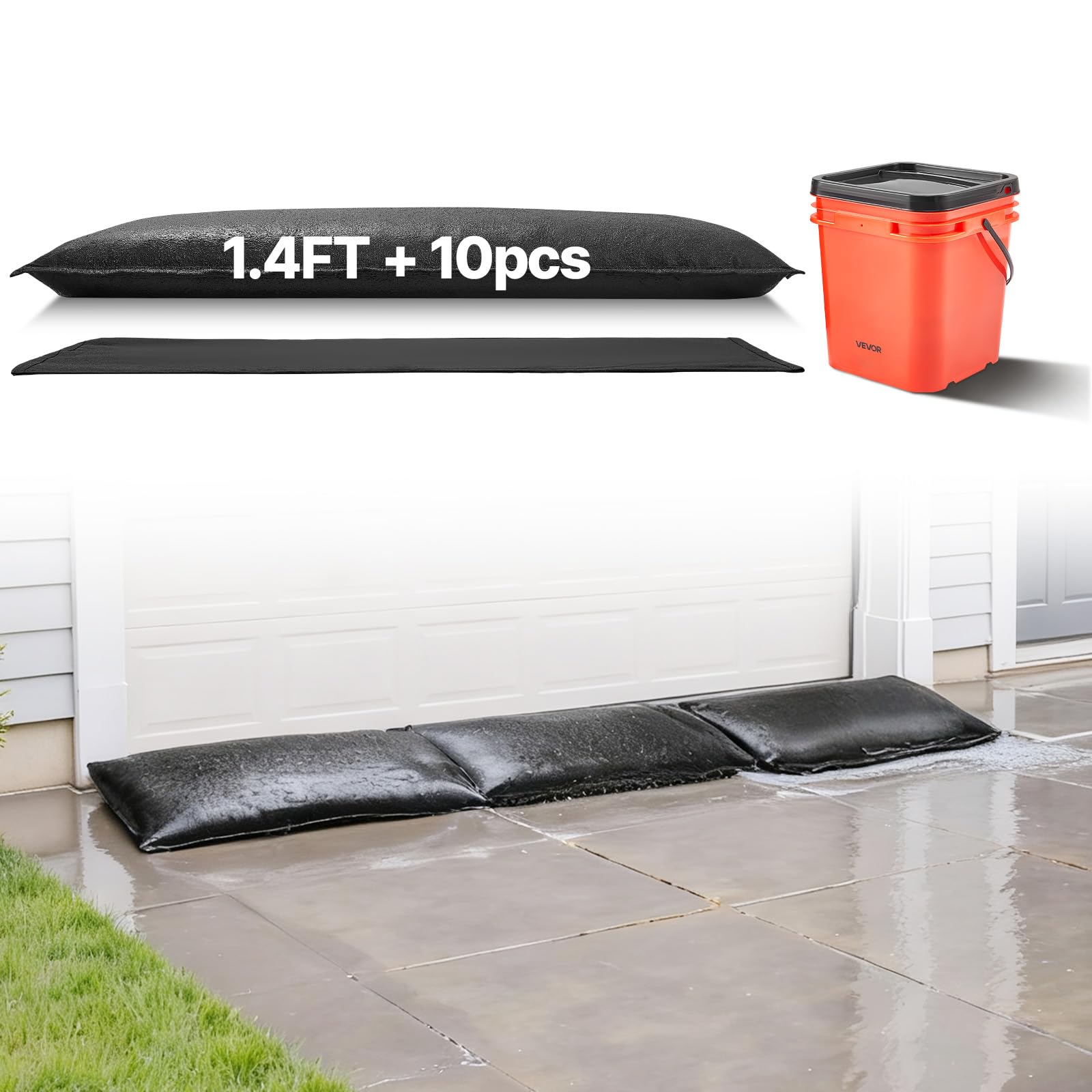 VEVOR Barrière Anti-​inondation Activée par l'Eau, Sacs d'Inondation Lot de 10PCs 43x83 cm avec Seau, Barrière Absorbante l'Eau, Dispositif de Protection pour Porte, Sous-​sol, Garage