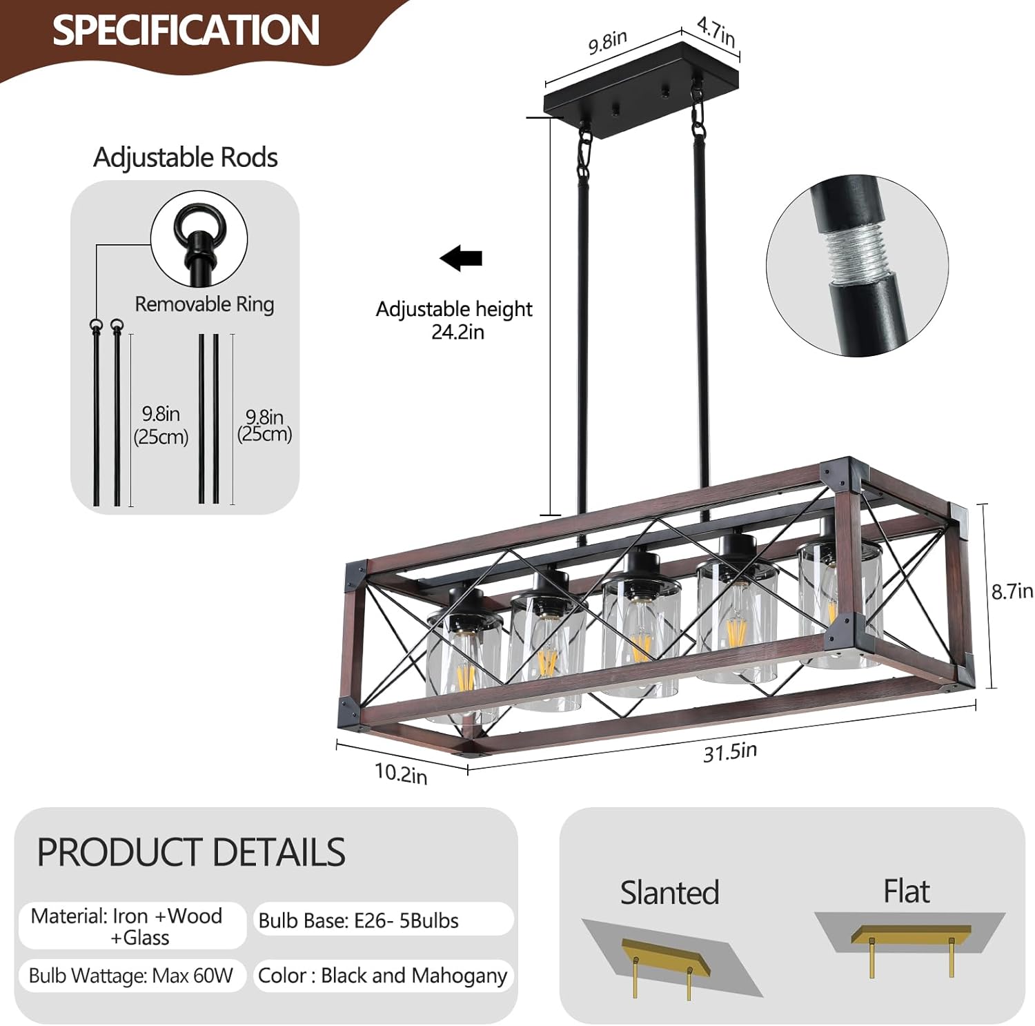 Farmhouse Linear Chandelier, 5-Light Rectangular Kitchen Island Pendant Light with Glass Shades, Adjustable Height and Solid Wood Accents for Dining Room, Bar, Pool Table(Black + Mahogany)