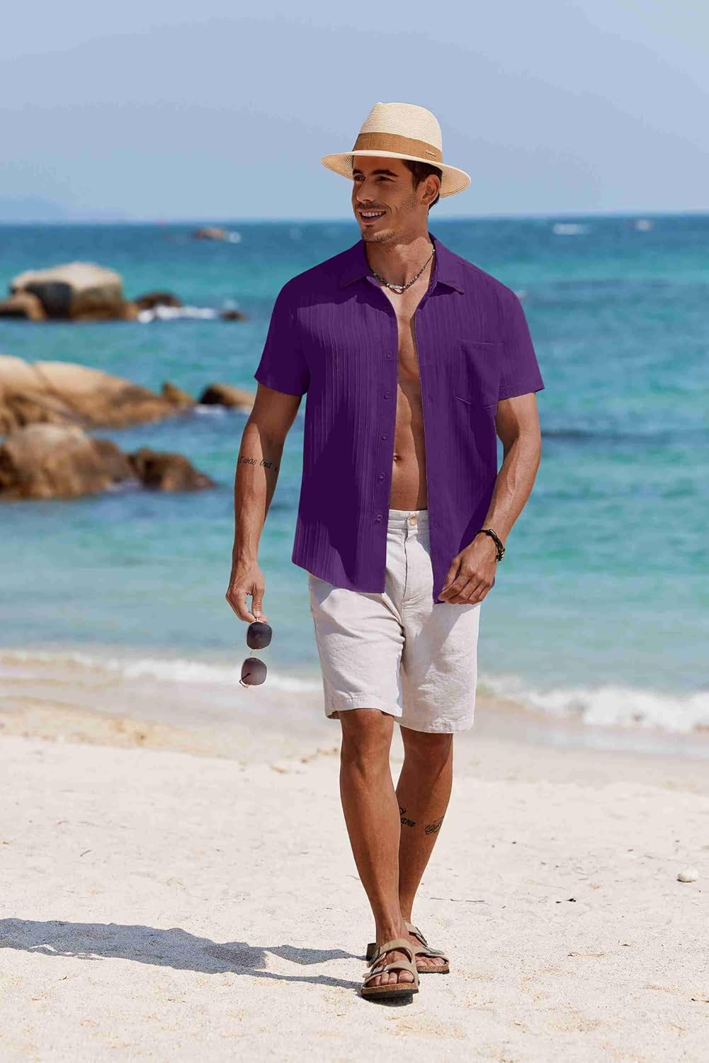 COOFANDY Men's Casual Button Down Shirts Short Sleeve Textured Summer Beach Shirt with Pocket