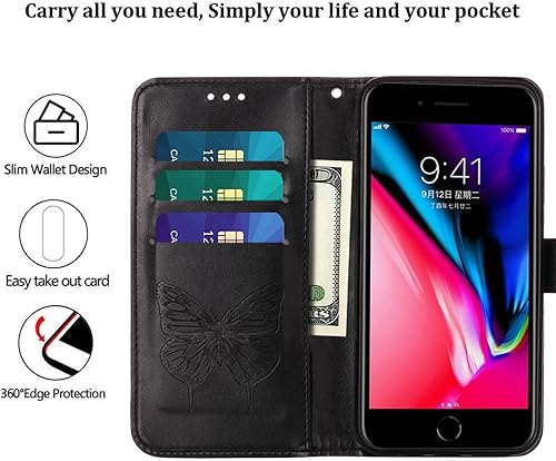 Miniatura 9 de Funda compatible con iPhone SE 2022, iPhone 78, iPhone SE 2020, funda 66S, función atril, correa de muñeca, ranuras para tarjetero, funda protectora