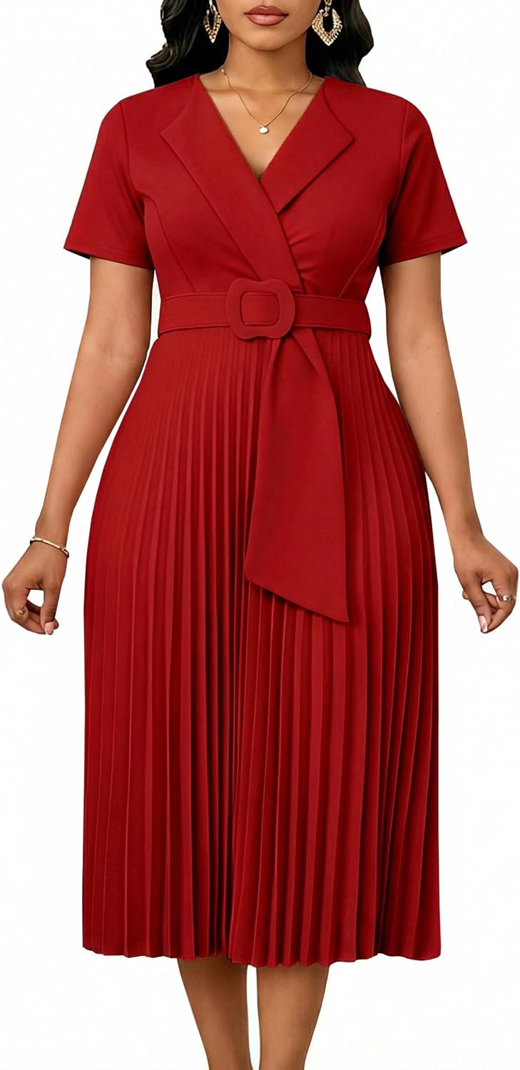 Elainone Women Pleated Dress Short Sleeve Semi Formal Business Casual Dress Wedding Guest Pleated Dresses
