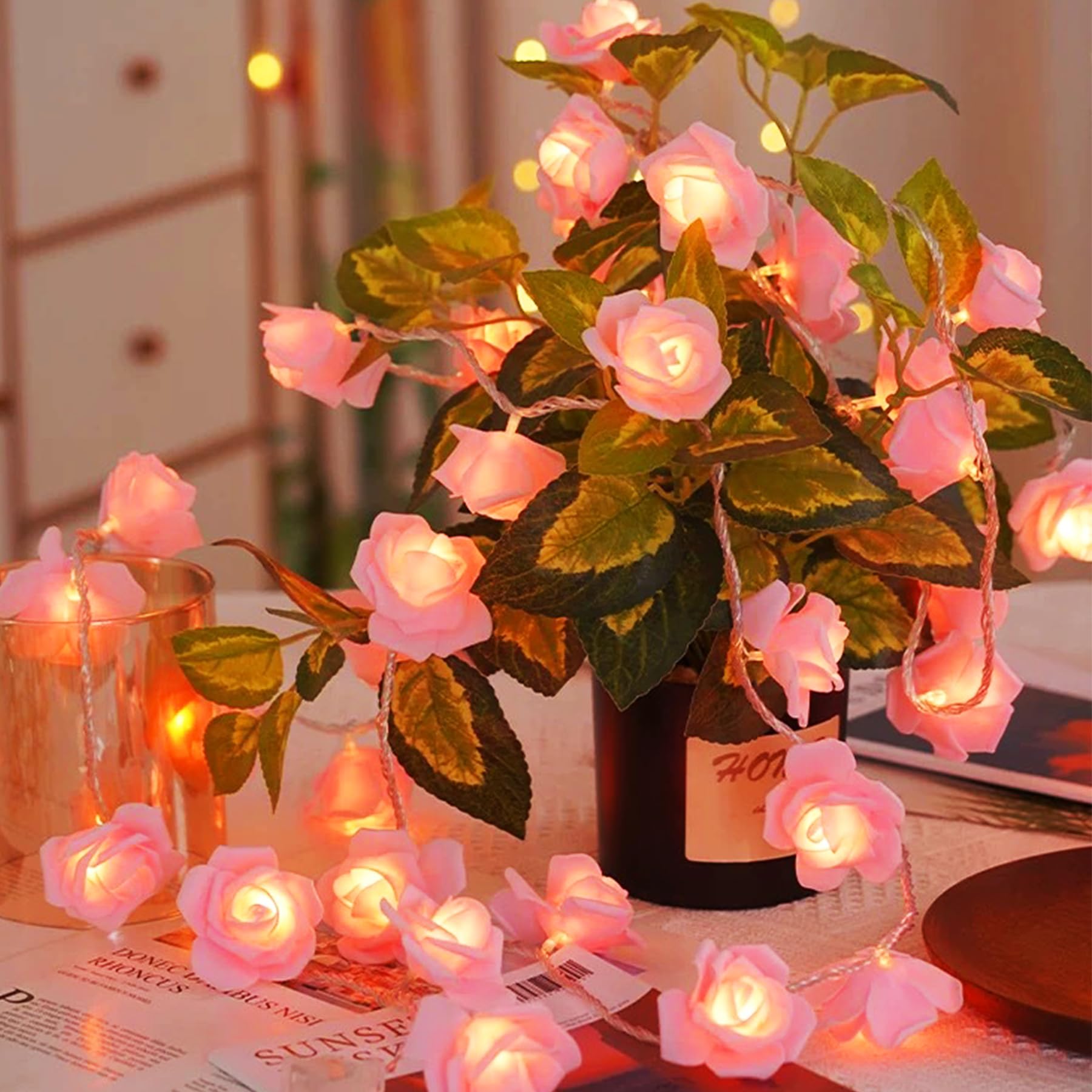 YeahBoom LED Rose Fairy Lights, 1.5 m, 10 Flowers, LED Artificial Rose Fairy Lights, Battery Operated, Rose Fairy Lights, Decorative Rose Fairy Lights, Indoor Wedding Bedroom Flowers Christmas โ image 1