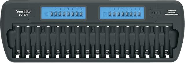 Youshiko YC1600 Intelligent Battery Charger (Official 2023 UK Version) for 16 x AA/AAA batteries (Including Car 12V Adapter) with Discharging & Protection