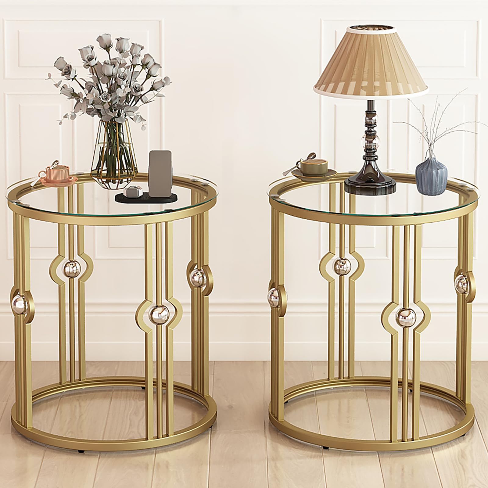 OIOG Glass Side Table Set of 2, Living Room End Table with Tempered Glass & Metal Frame, Gold Side Table for Bedroom Office, 2 PC