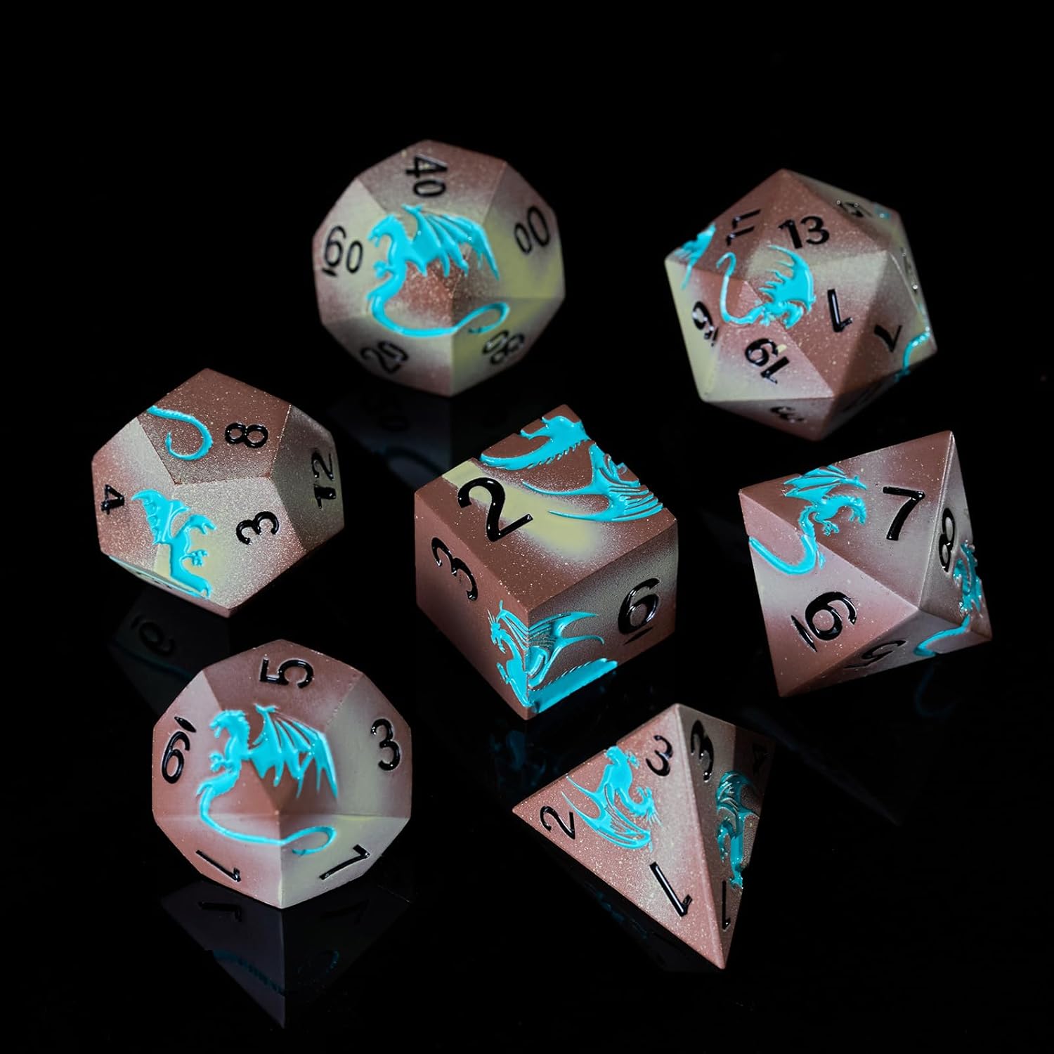 Aqua Blue Dragon Theme Metal DND Dice Set, HNCCESG 7 PCS Solid Zinc Alloy Polyhedral Dice with Magnetic Gift Box for Fantasy Tabletop RPG Games (Brown & White)