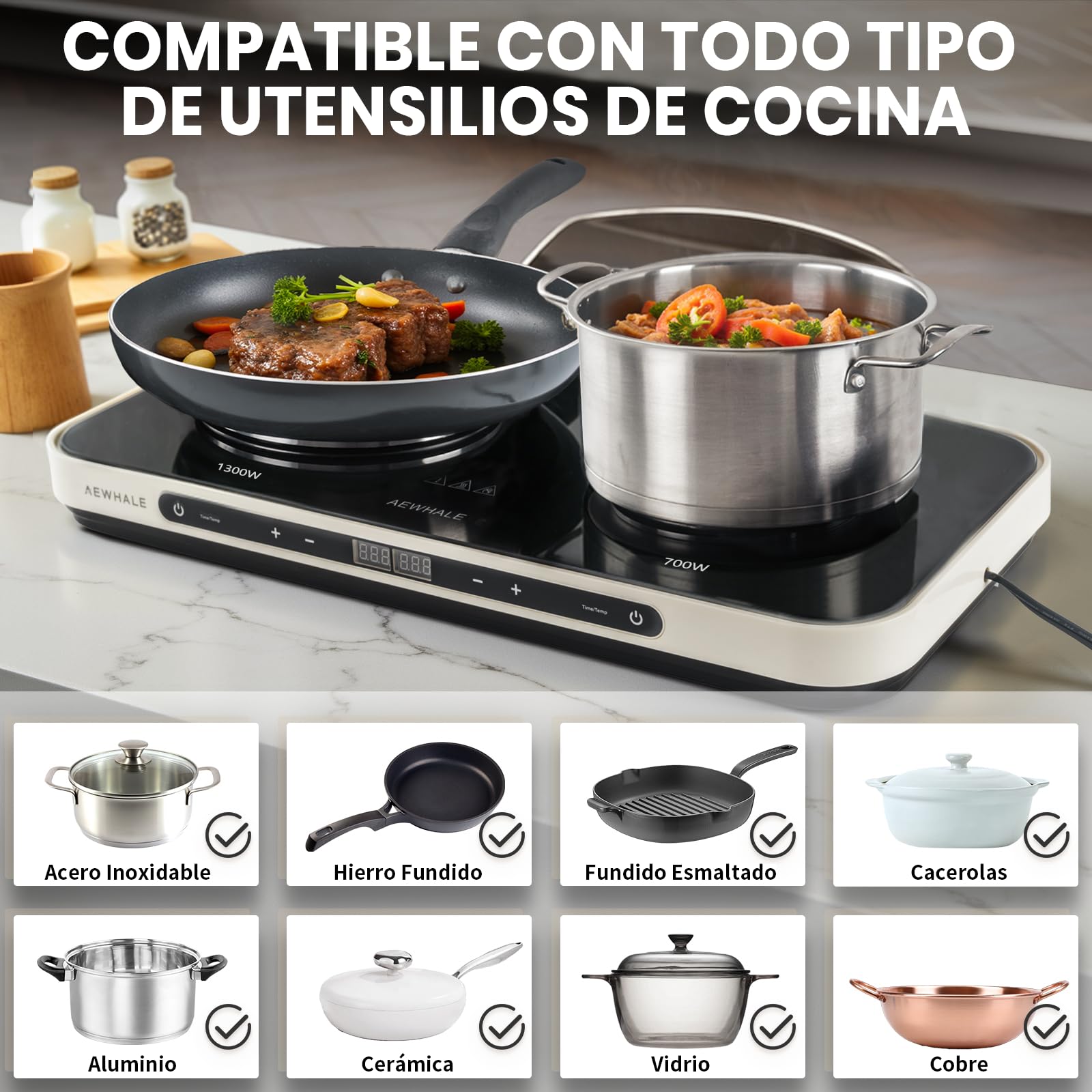 AEWHALE Parrilla eléctrica, placa de cocción de cerámica extraíble para uso doméstico, revestimiento antiadherente, 1300 W + 700 W, ajustes de temperatura y temporizador regulables